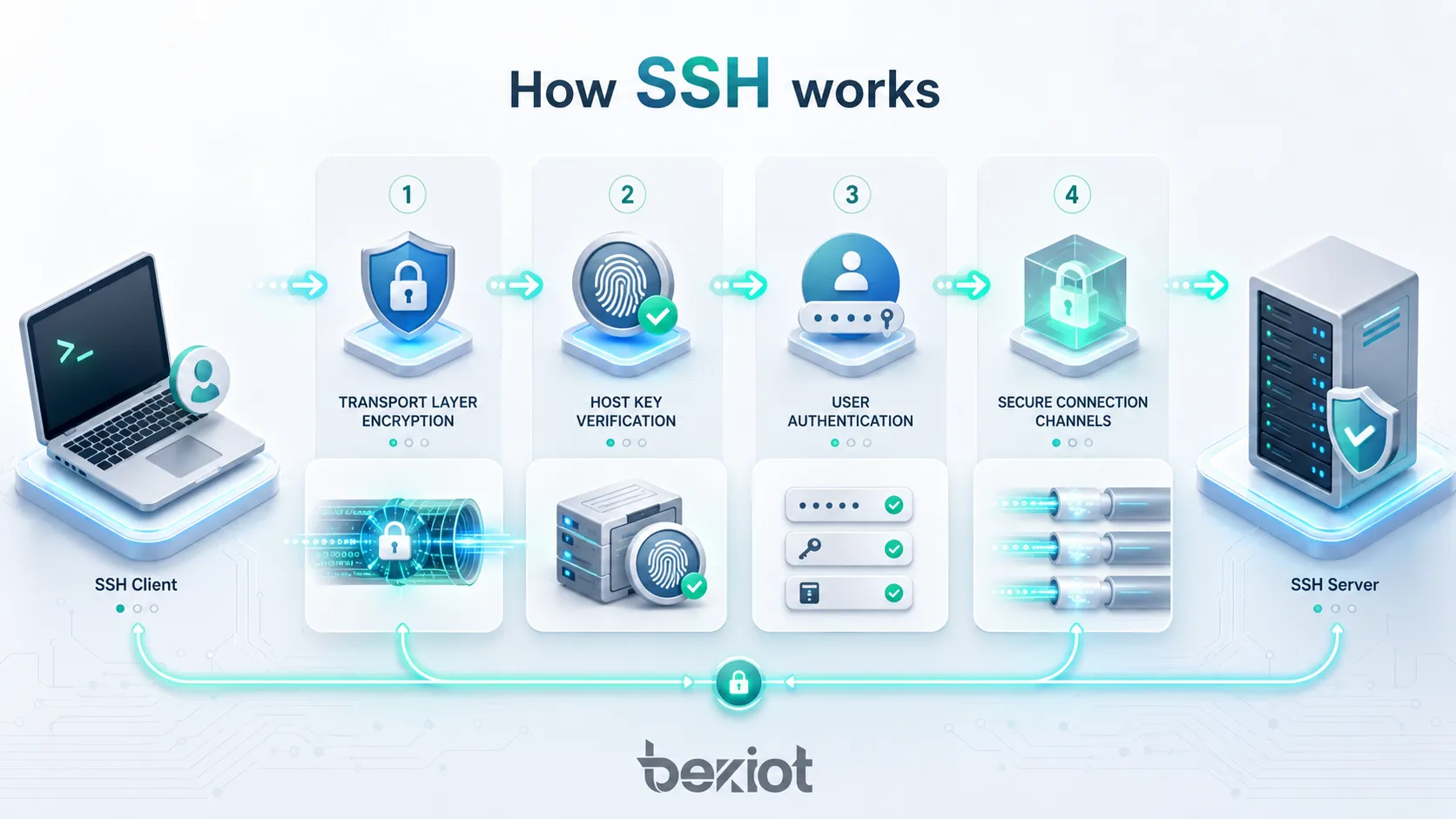 전송 계층 암호화, 서버 호스트 키 검증, 사용자 인증 및 안전한 연결 채널을 보여주는 SSH 작동 방식