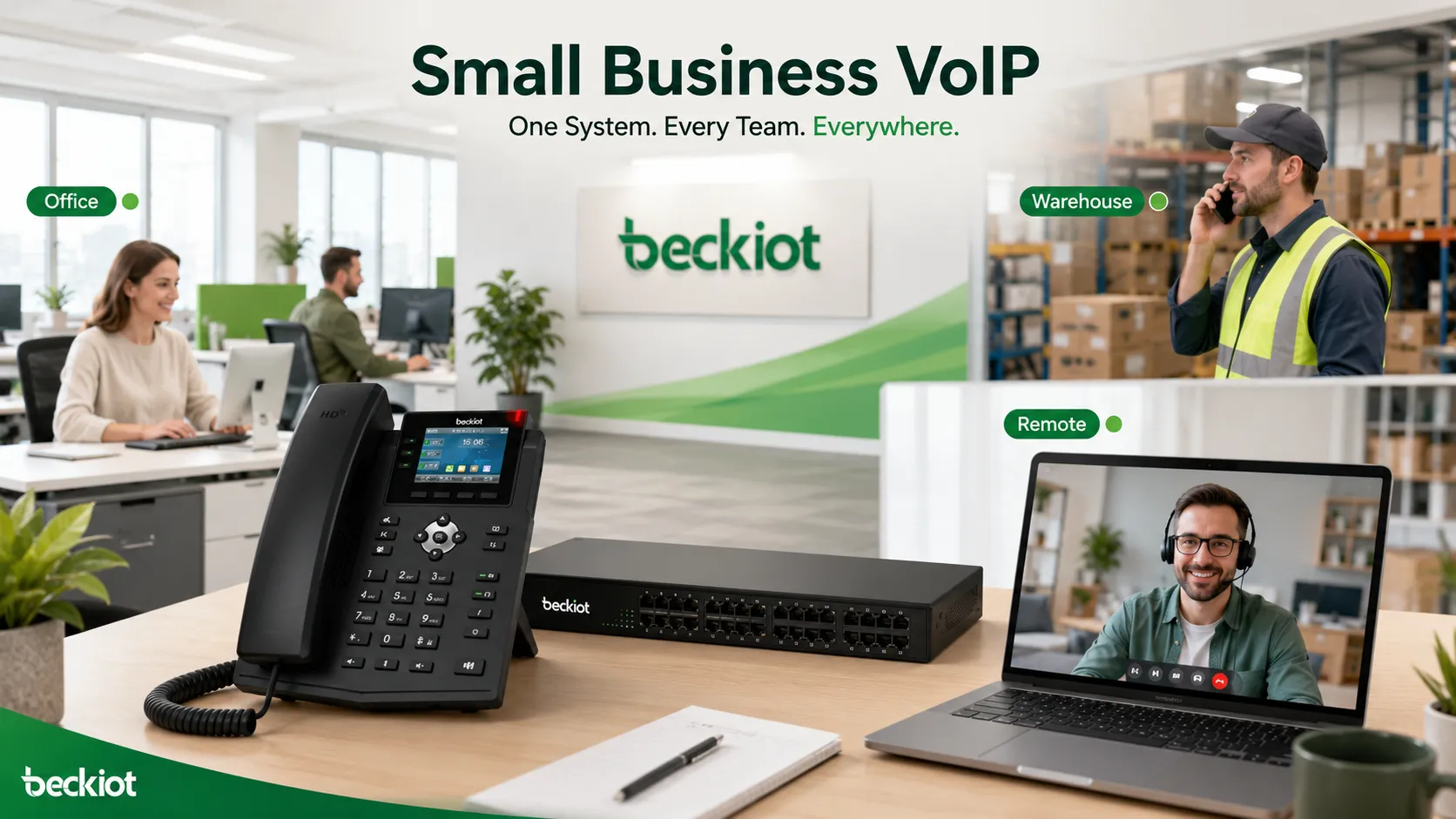 사무실 사용자, 창고 직원, 원격 근무자를 연결하는 중소기업 VoIP 시스템