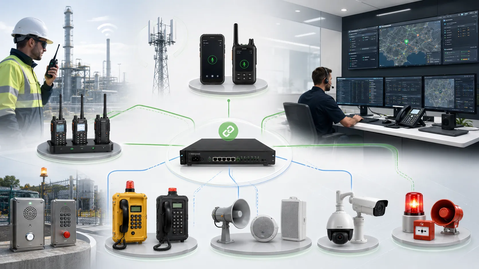 Becke Telcom 하이브리드 비상 통신 솔루션이 양방향 무전기 PoC 무전기 RoIP 게이트웨이 SIP 디스패치 산업 전화 PA CCTV 연동을 연결