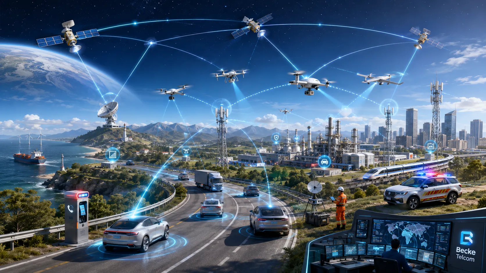 위성, UAV, 기지국, 스마트 차량, 산업 현장 및 긴급 통신 시스템을 연결하는 6G 우주-공중-지상 통합 네트워크