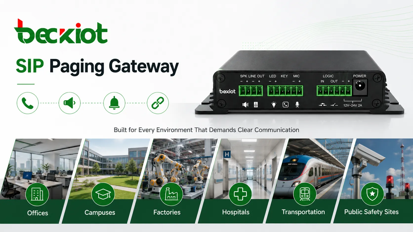 SIP Paging Gateway 적용 분야: 사무실, 캠퍼스, 공장, 병원, 교통, 공공 안전