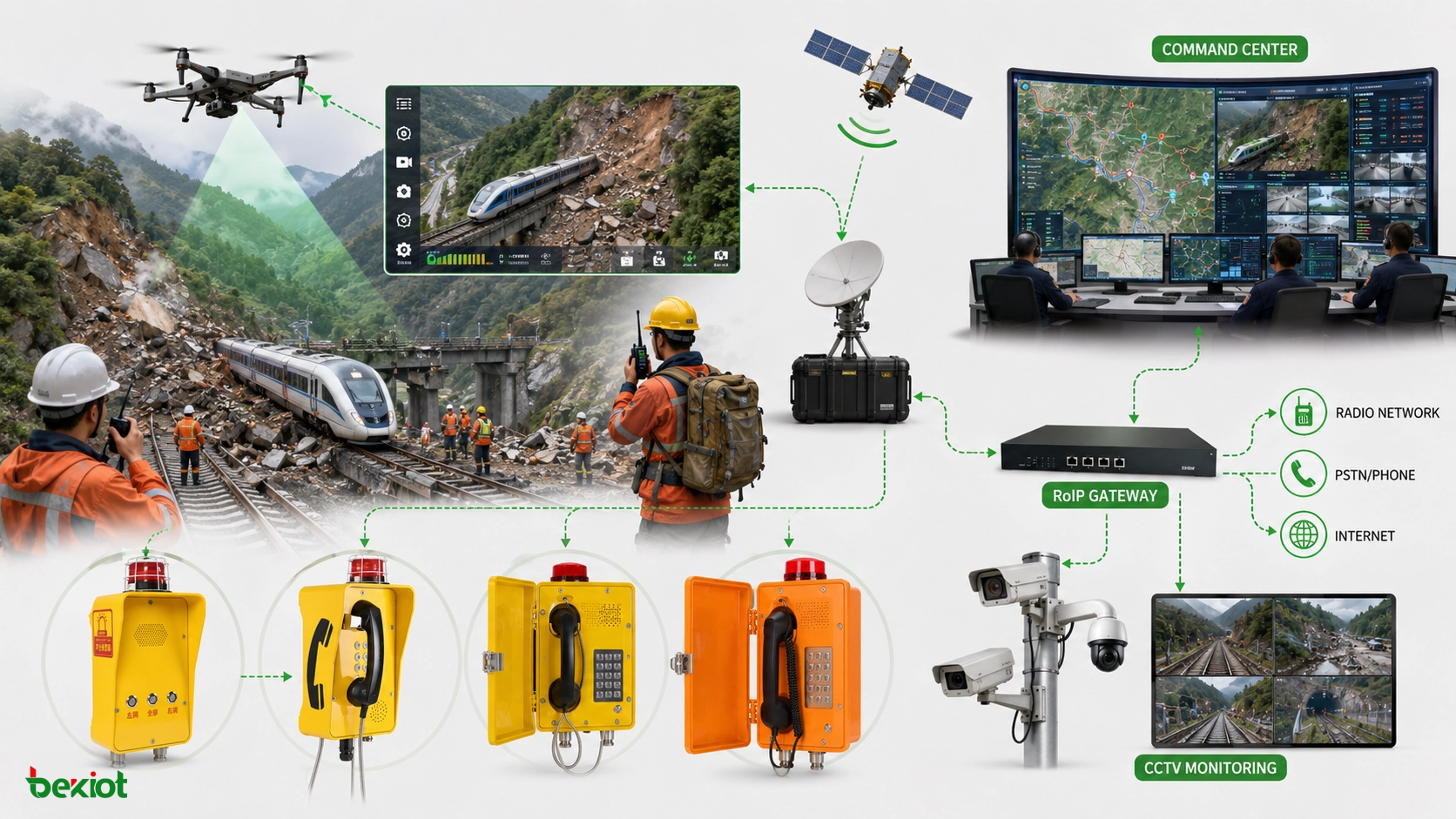 철도 산사태 비상 디스패치 시스템이 드론 영상 위성 통신 RoIP 무선 디스패치 GIS 지도 CCTV 지휘 센터를 사용