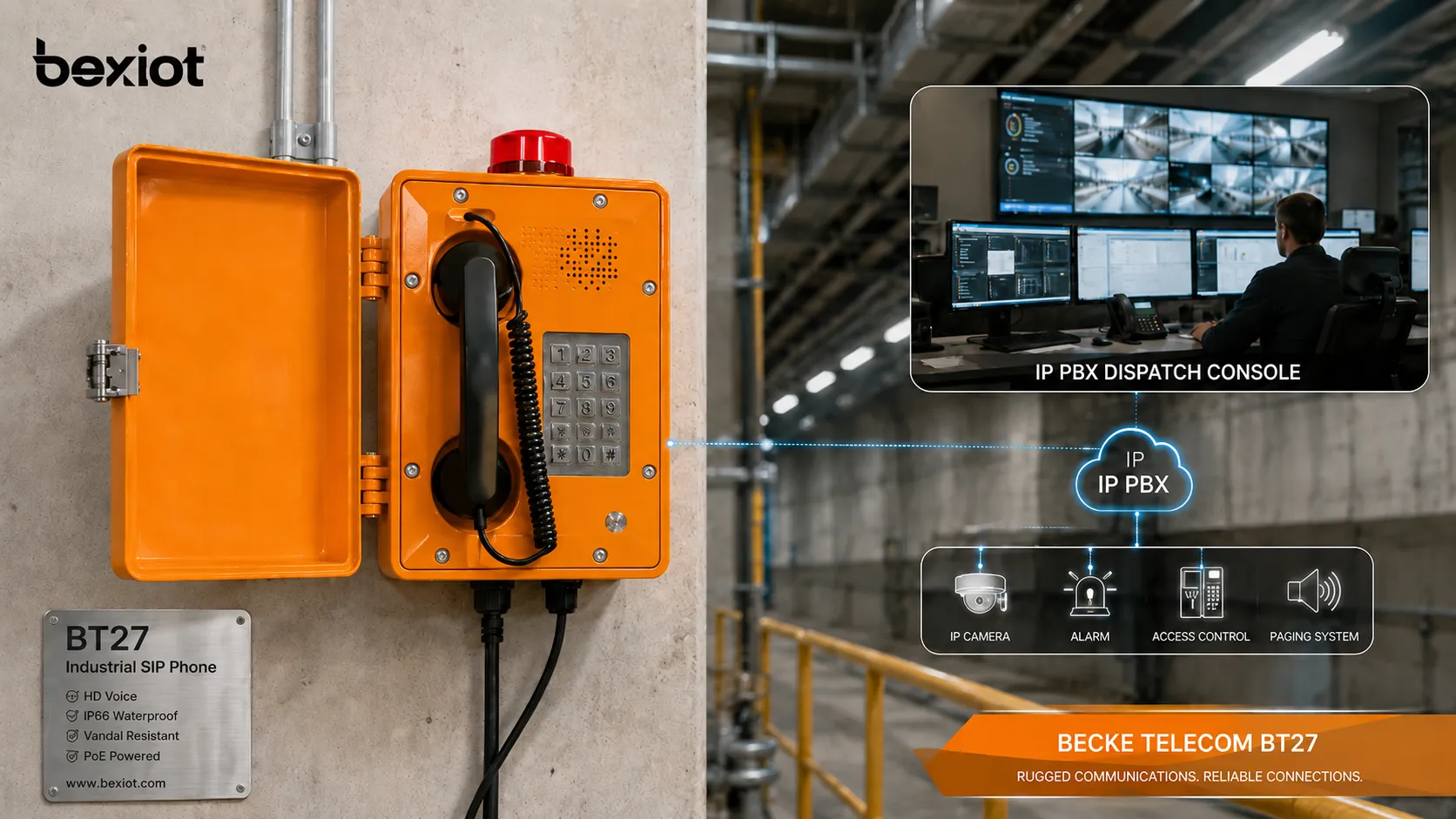Becke Telcom BT27 산업용 SIP 전화가 견고한 벽걸이 인터컴 단말로 설치되어 IP PBX, 지령 콘솔, 관제실에 연결된 모습