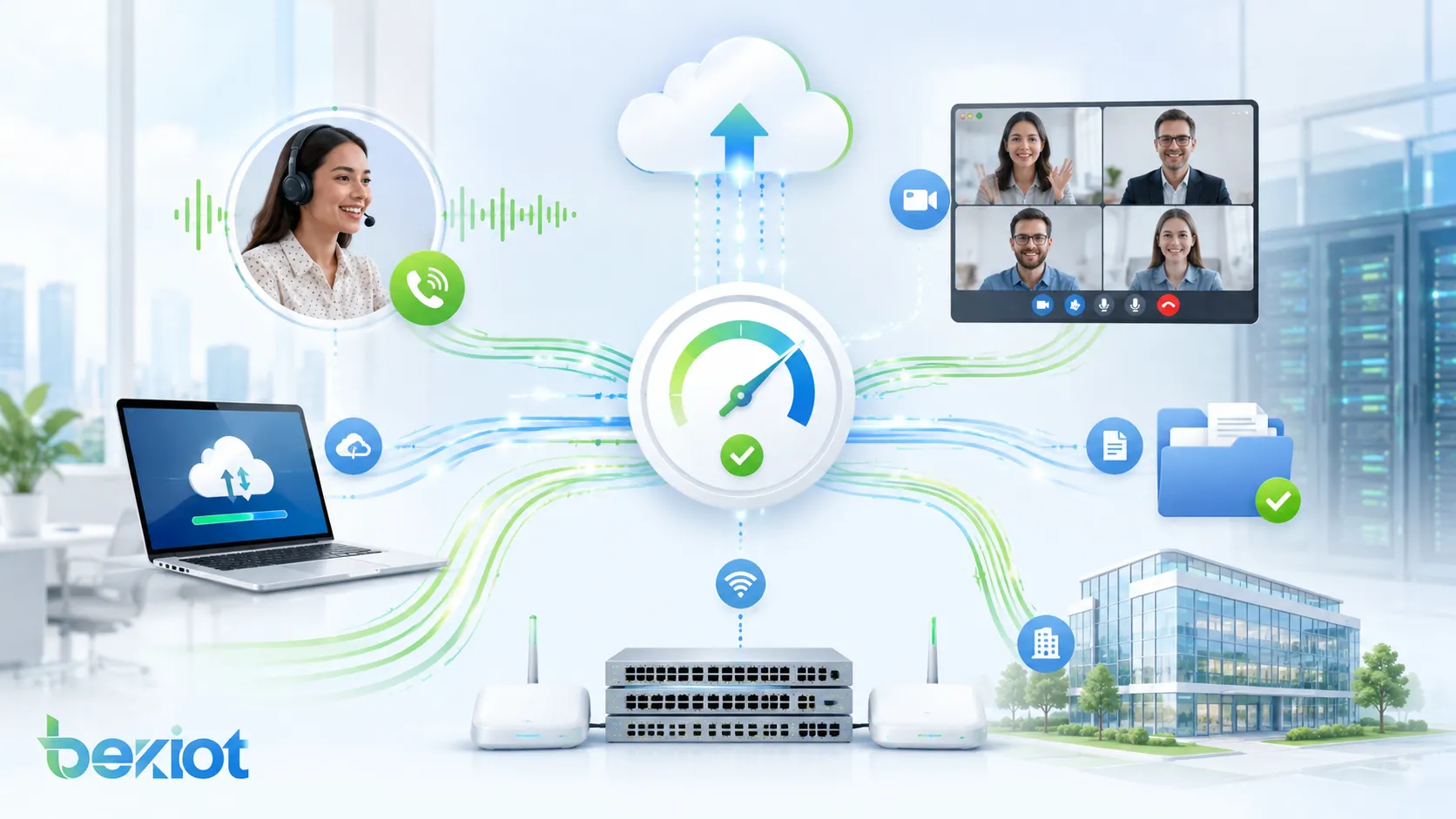 원활한 VoIP 선명한 화상회의 빠른 클라우드 접속 안정적 파일 전송 확장 가능한 기업 네트워크를 보여주는 대역폭 장점