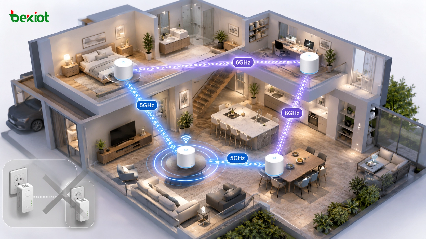 5GHz 및 6GHz 무선 백홀로 전 집 커버리지를 제공하며 전력선 어댑터를 대체하는 Wi-Fi Mesh 네트워크