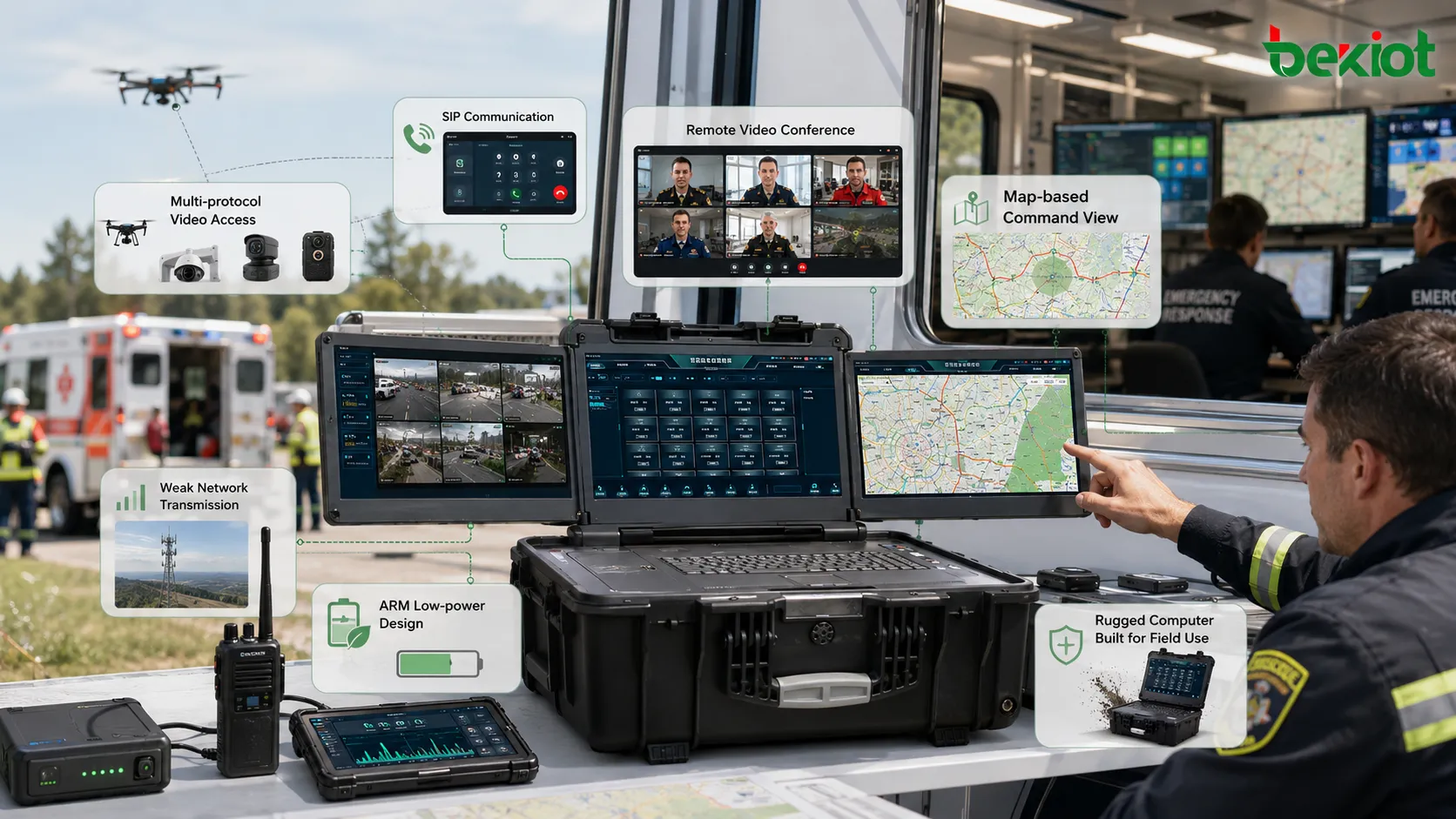현장 요구, SIP 통신, 영상회의, 다중 프로토콜 미디어 처리, 약한 네트워크 전송, ARM 저전력 설계, 러기드 컴퓨터 사용을 비교하는 비상 지휘 박스 선택 흐름