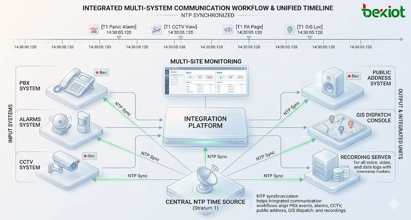 다중 시스템 통신 업무 NTP 동기화, PBX 이벤트, 알람, CCTV, 공개 방송, GIS 지령, 녹취 및 다지점 모니터링 포함