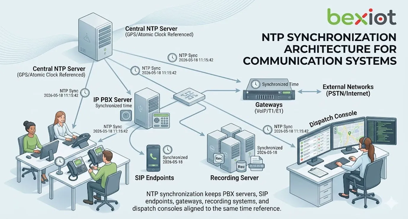 녹취 재생용 NTP 동기화 구조, 정확한 타임스탬프로 정렬된 음성 녹취, 영상 클립, 알람 로그 및 지령 시간축 포함