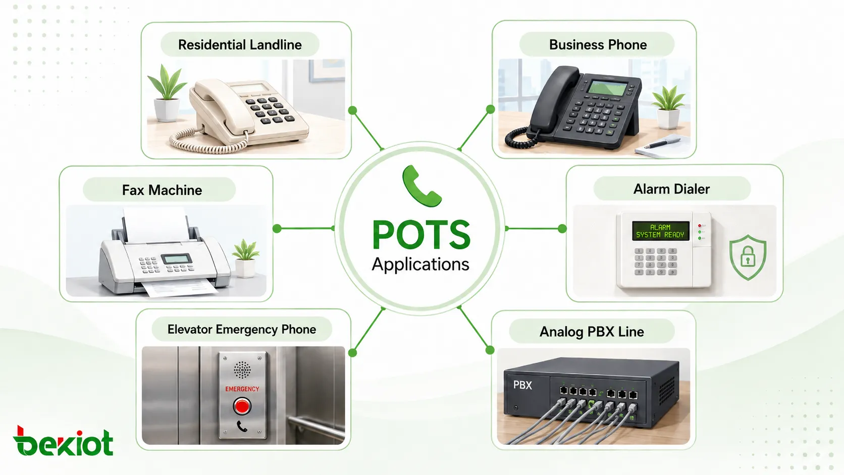 POTS applications showing residential landline business phone fax machine alarm dialer elevator emergency phone and analog PBX line