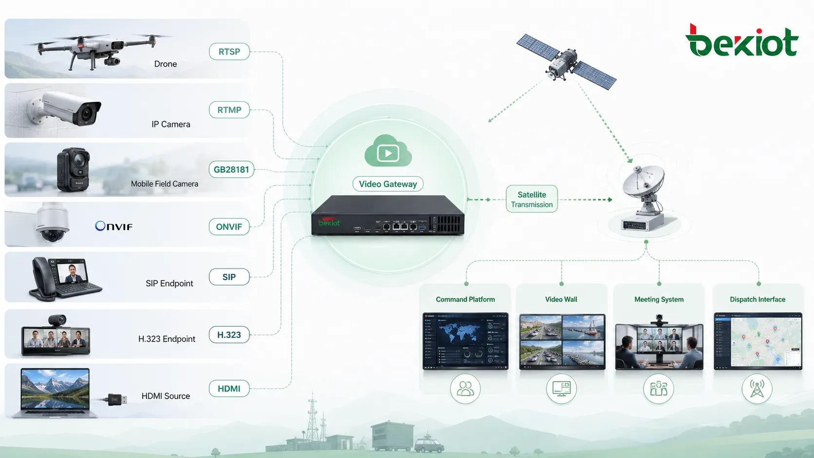 드론 RTSP RTMP GB28181 ONVIF SIP H323 HDMI 비디오 소스를 위성 전송 및 지휘 플랫폼에 연결하는 비디오 게이트웨이 아키텍처