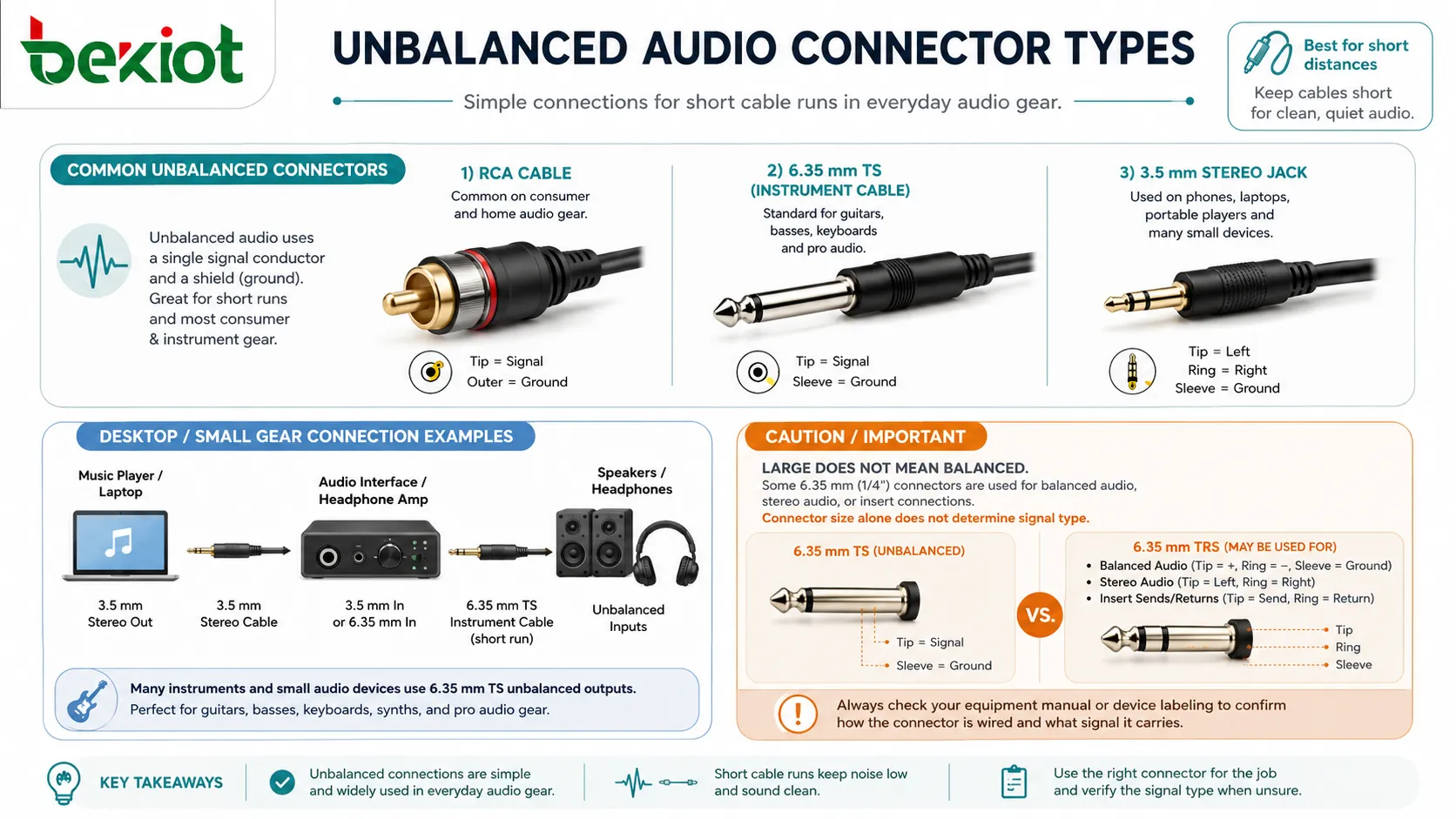 RCA 케이블, TS 악기 케이블, 3.5mm 스테레오 잭, 짧은 데스크탑 오디오 연결을 보여주는 언밸런스드 오디오 커넥터 유형