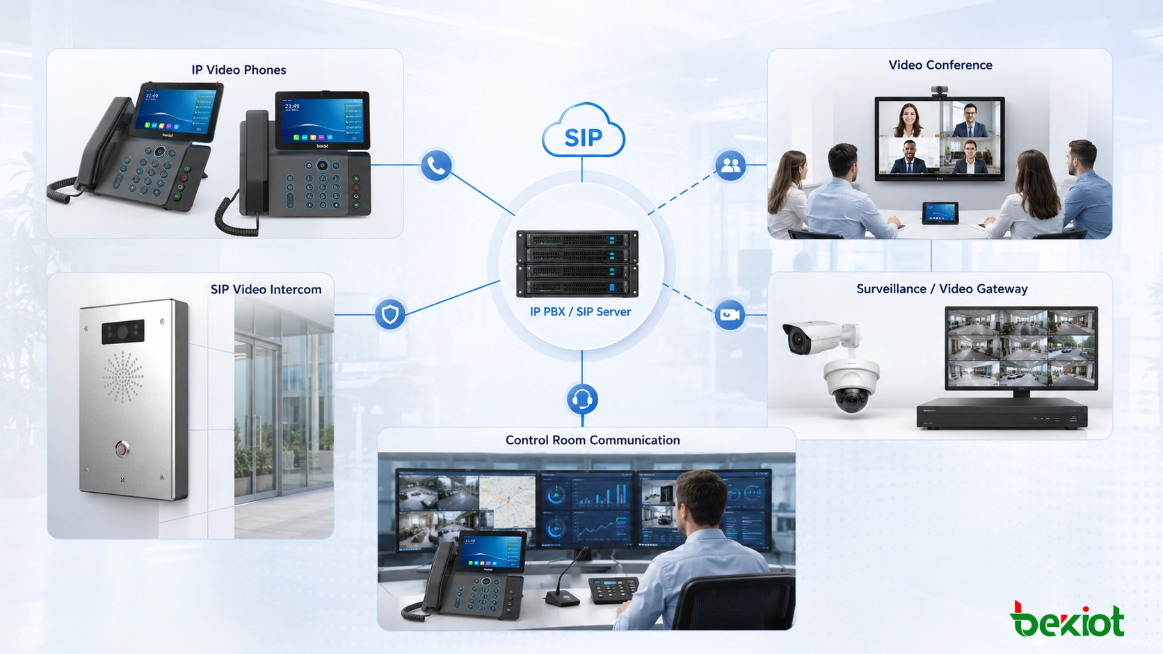 비영상 IP 전화기가 감시 카메라와 연결되고 통화 이벤트 중 영상이 자동 팝업되는 IP PBX 영상 연동