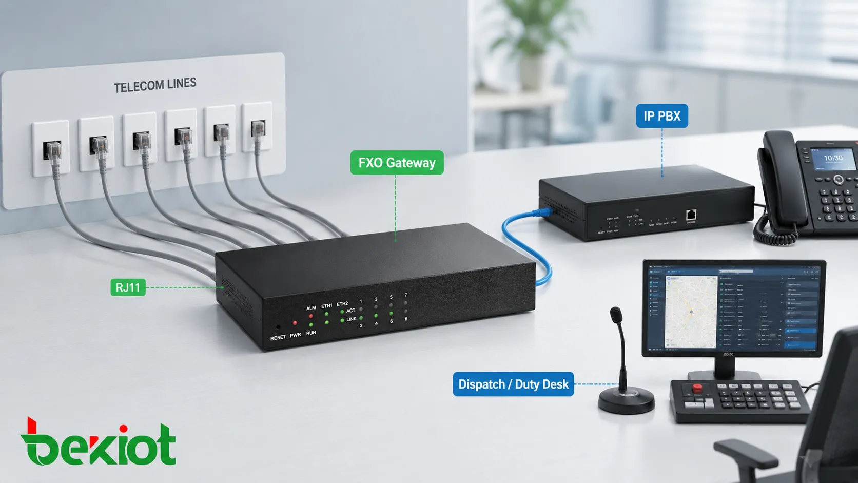 소규모 사무실 IP PBX 및 디스패치 외부 통화를 위해 여러 RJ11 전화 회선에 연결된 FXO 아날로그 게이트웨이