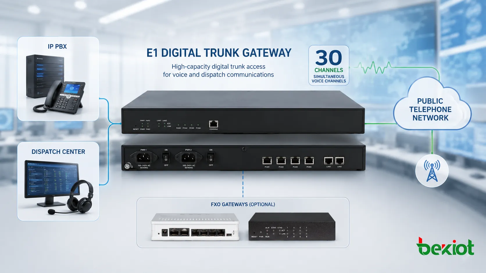 30개의 동시 음성 채널로 IP PBX, 디스패치 센터 및 공중전화망을 연결하는 E1 디지털 트렁크 게이트웨이