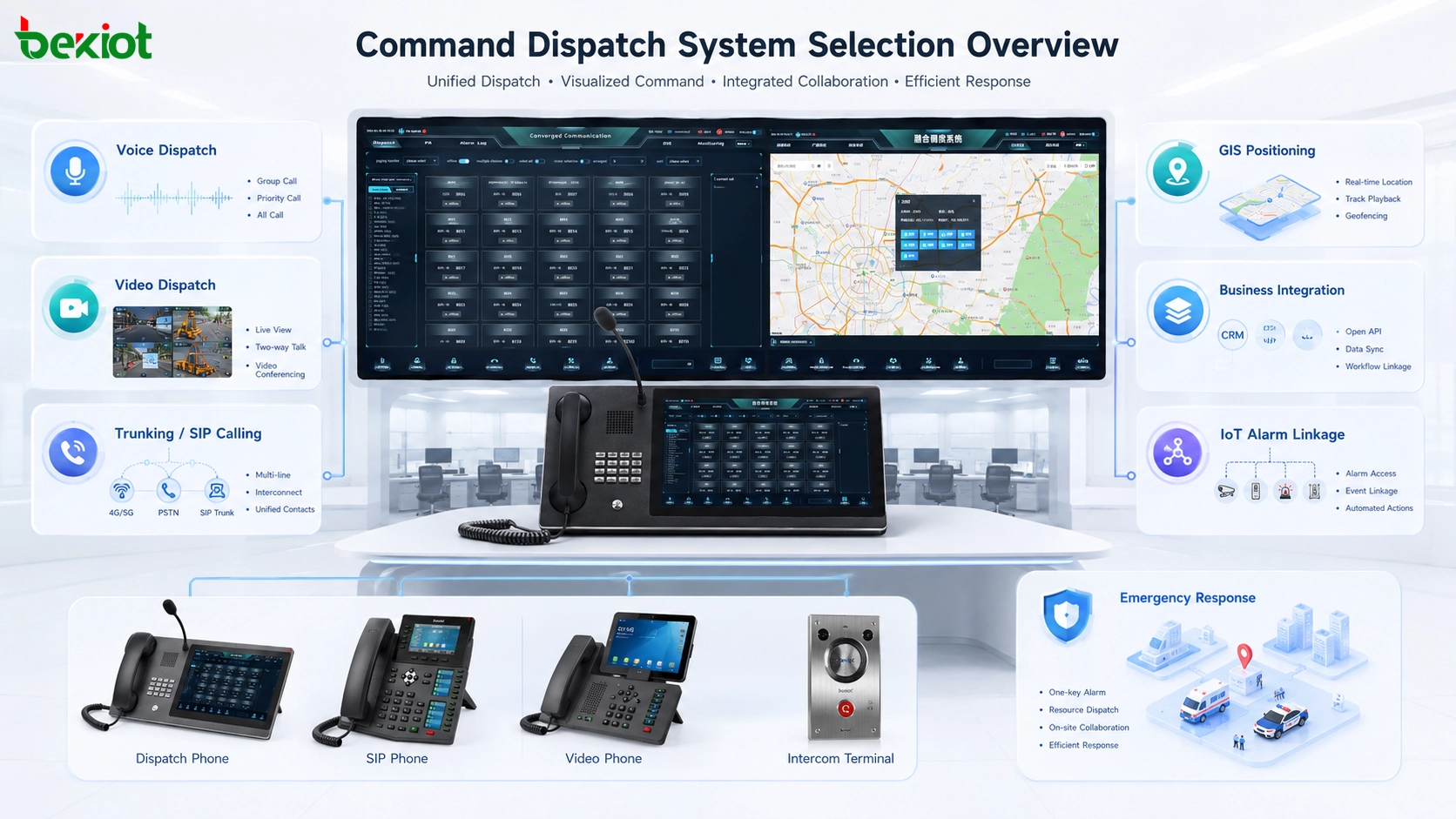 음성 관제, 영상 관제, 트렁킹, GIS, 업무 연동, IoT 알람 연계, 비상 대응 센터를 보여주는 지휘 관제 시스템 선택 개요