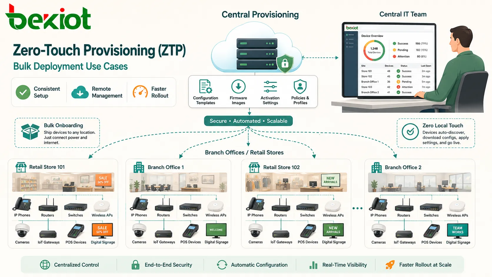 Zero-Touch Provisioning ZTP 대량 배포 사례 IP 전화기 라우터 스위치 무선 액세스 포인트 카메라 IoT 게이트웨이 지점 장비를 보여주는 그림