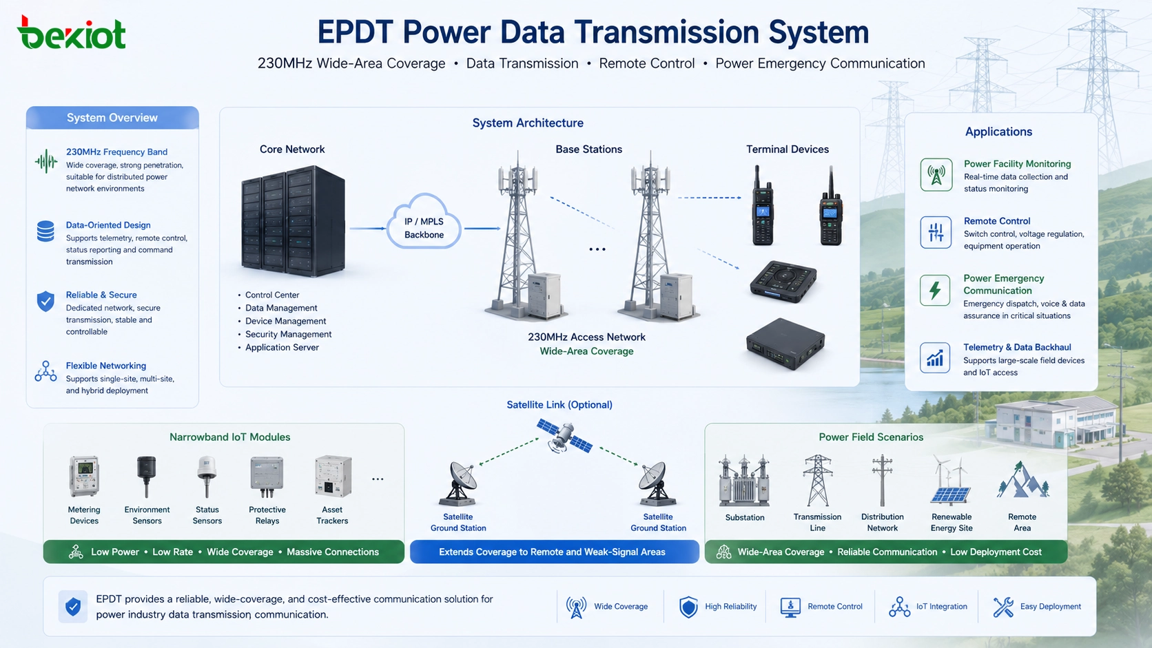EPDT 전력 데이터 전송 시스템 230MHz 네트워크 코어 기지국 단말 위성 링크 협대역 IoT 모듈 원격 제어 전력 긴급 통신
