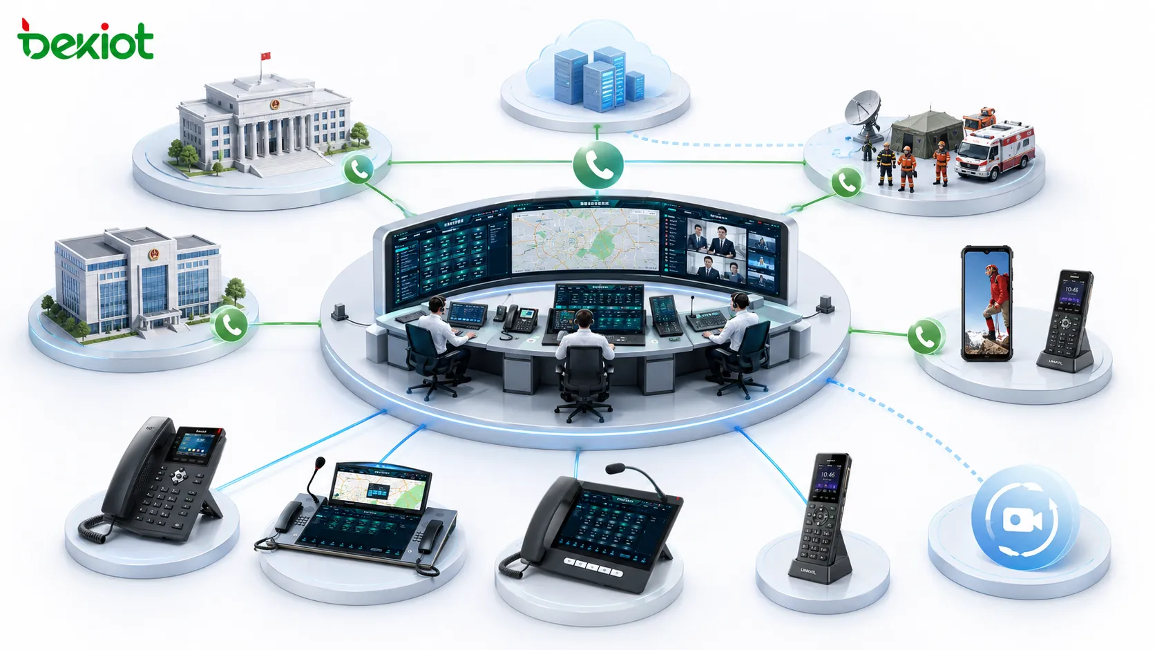 지휘센터, 정부 부서, 현장 구조팀, 모바일 사용자, VoIP, PSTN, 화상회의 백업을 연결하는 비상 전화회의 아키텍처