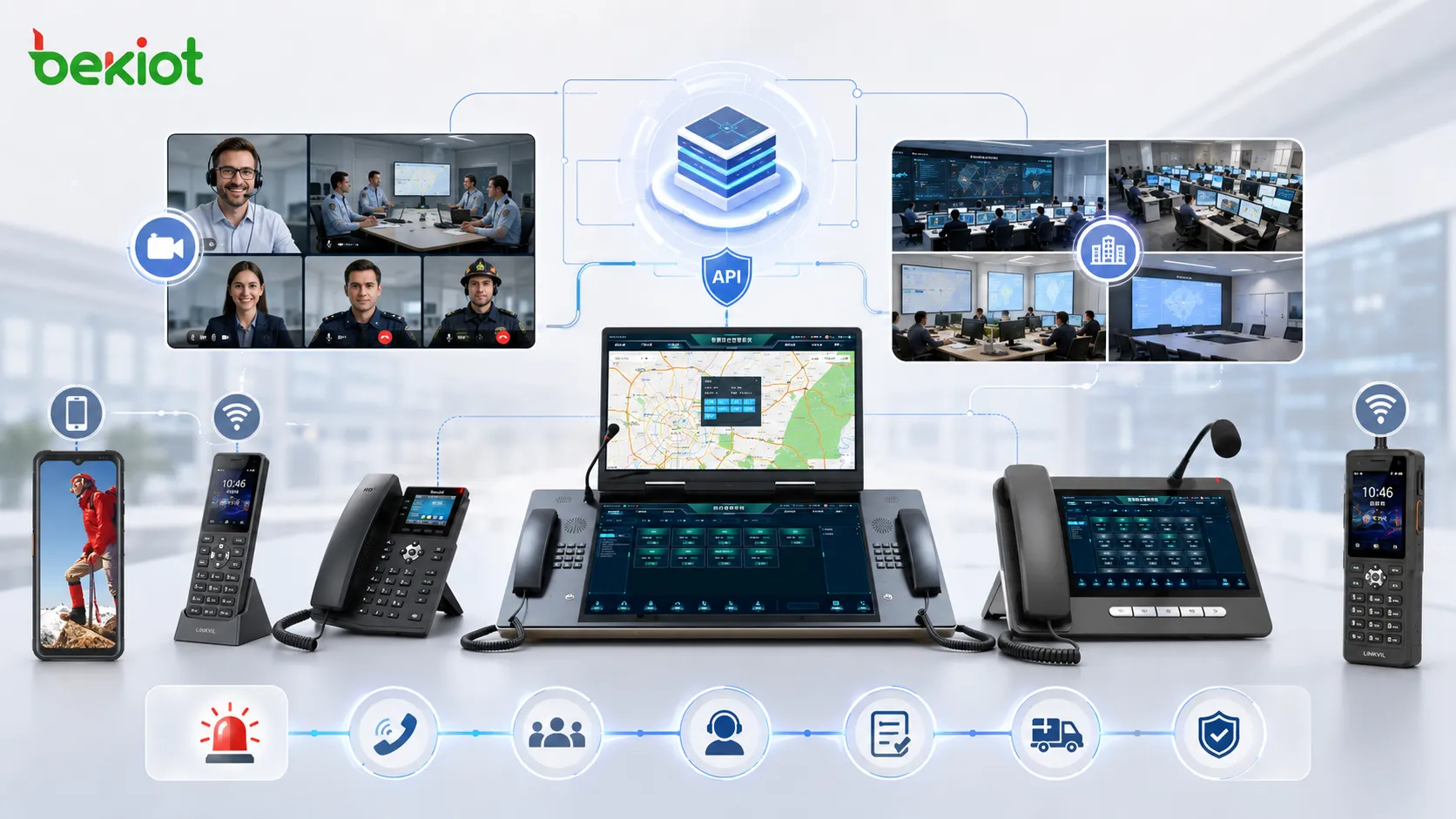 API 제어, 디스패치 플랫폼, 화상회의, 현장팀, 당직실, 사건 대응 워크플로와 통합된 비상 지휘 전화회의