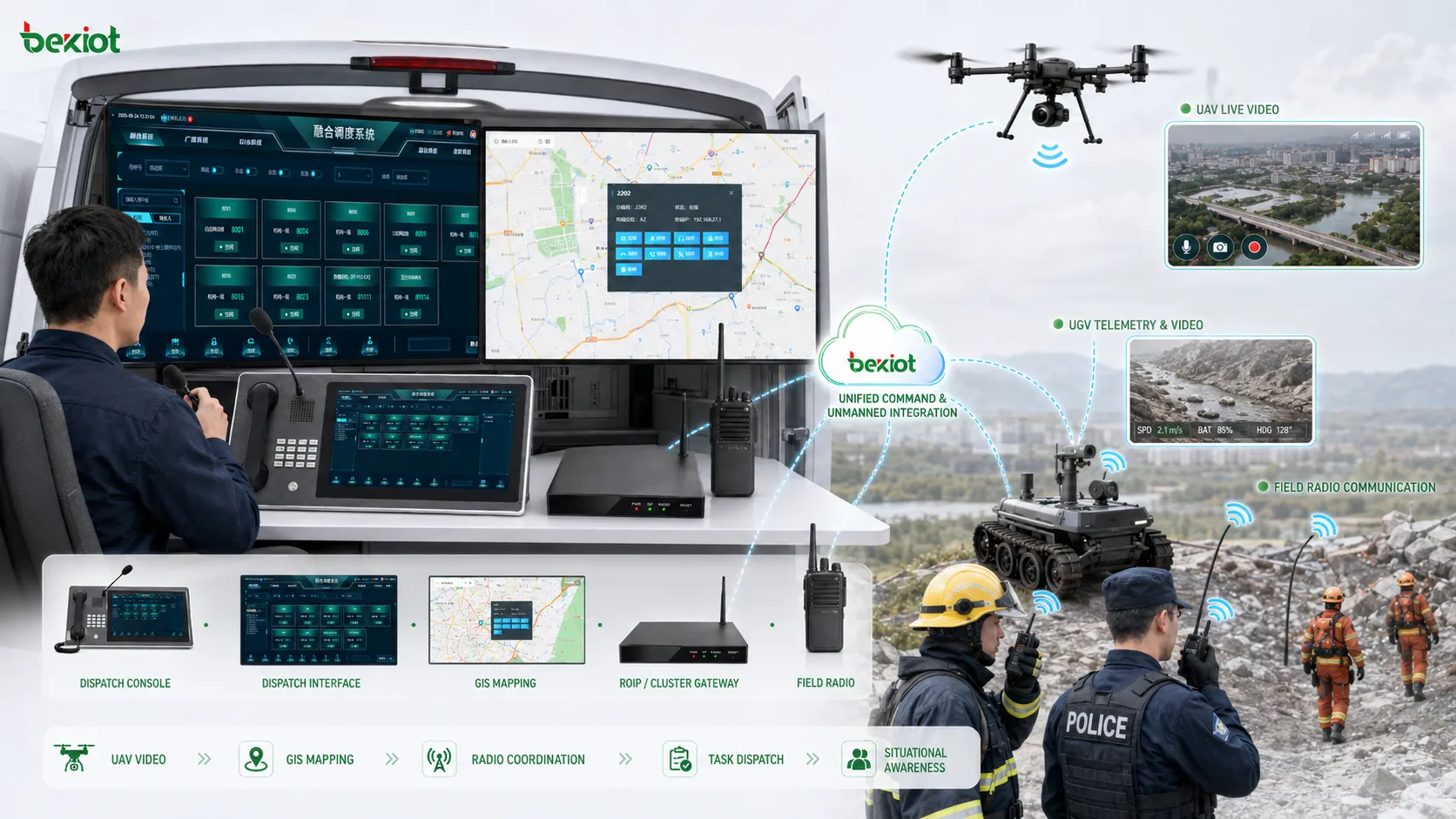 UAV 영상 GIS 지도 무선 조정 및 임무 디스패치를 위해 현장 지휘 통신 시스템에 통합된 무인 장비