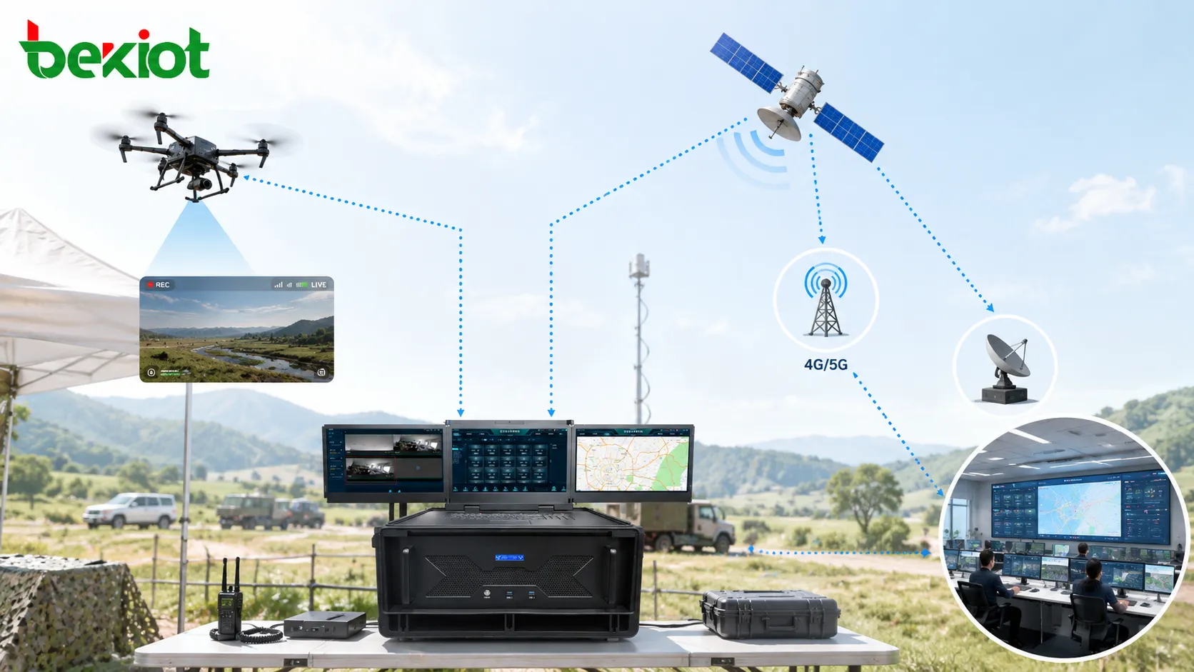 광대역 애드혹 네트워크와 위성 4G 5G 전송을 통한 드론 영상 백홀