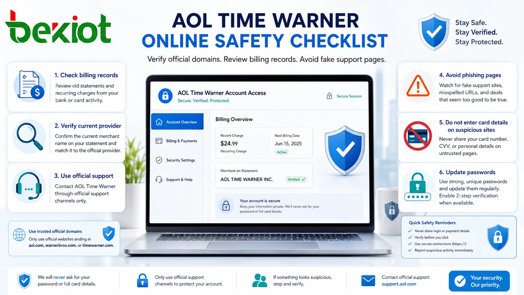 AOL Time Warner 레거시 계정 복구 피싱 보호 및 안전한 접근 옵션을 위한 온라인 안전 점검표