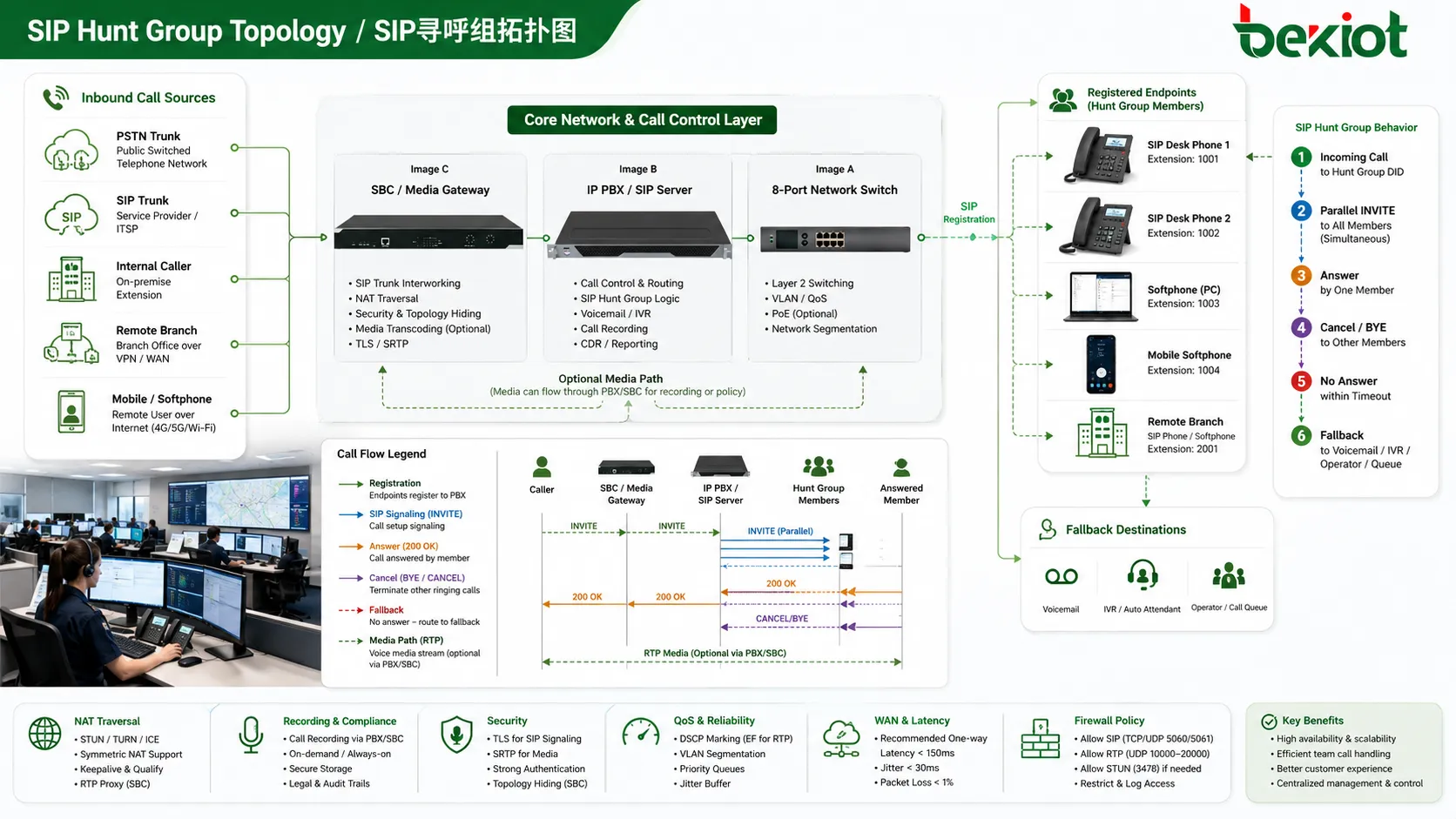 IP PBX SIP 서버 SBC 원격 지점 소프트폰과 데스크폰을 포함한 SIP 헌트 그룹 토폴로지