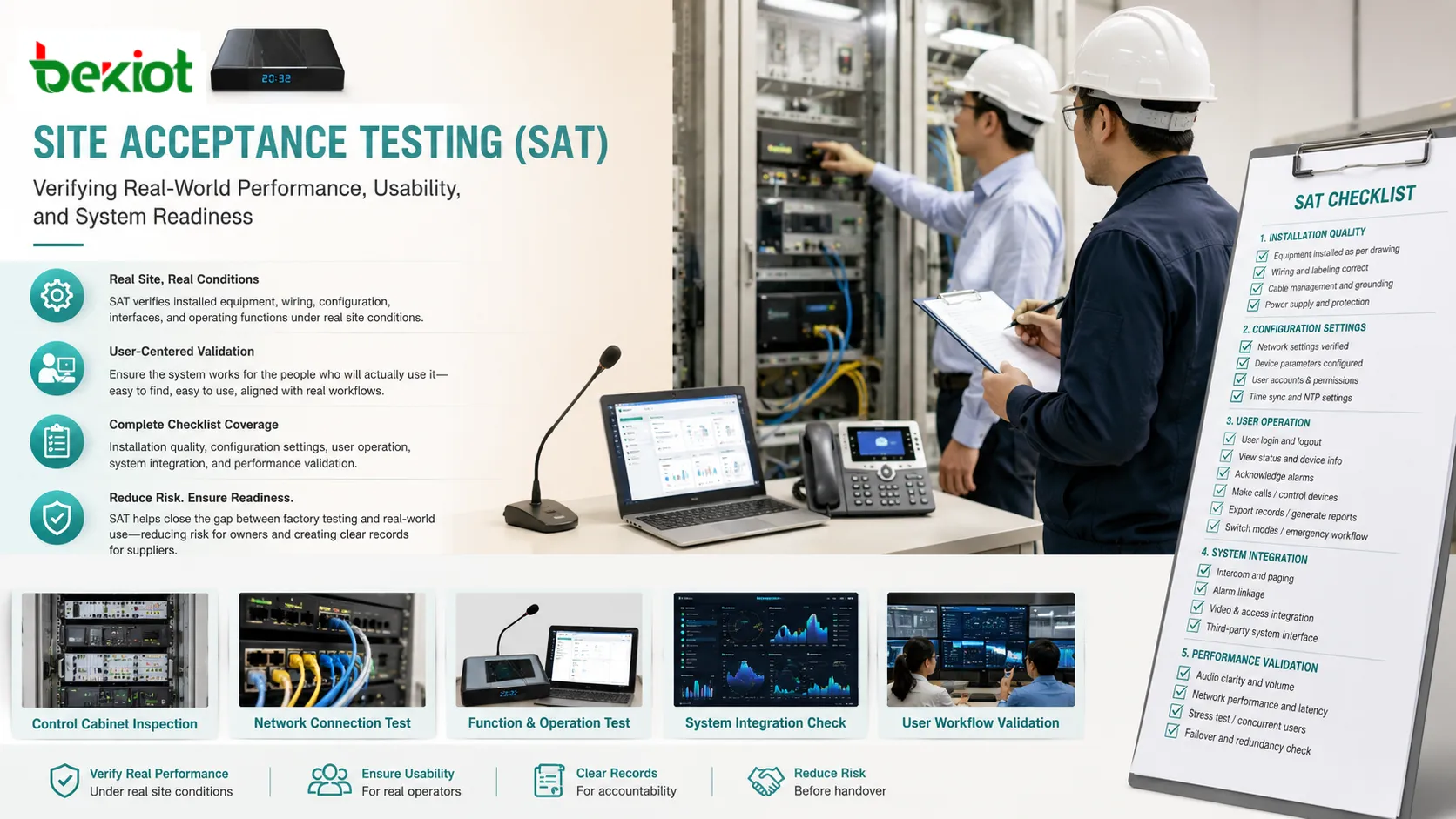 Site Acceptance Testing 체크리스트가 설치 품질 구성 사용자 운영 통합 검증을 포함하는 모습