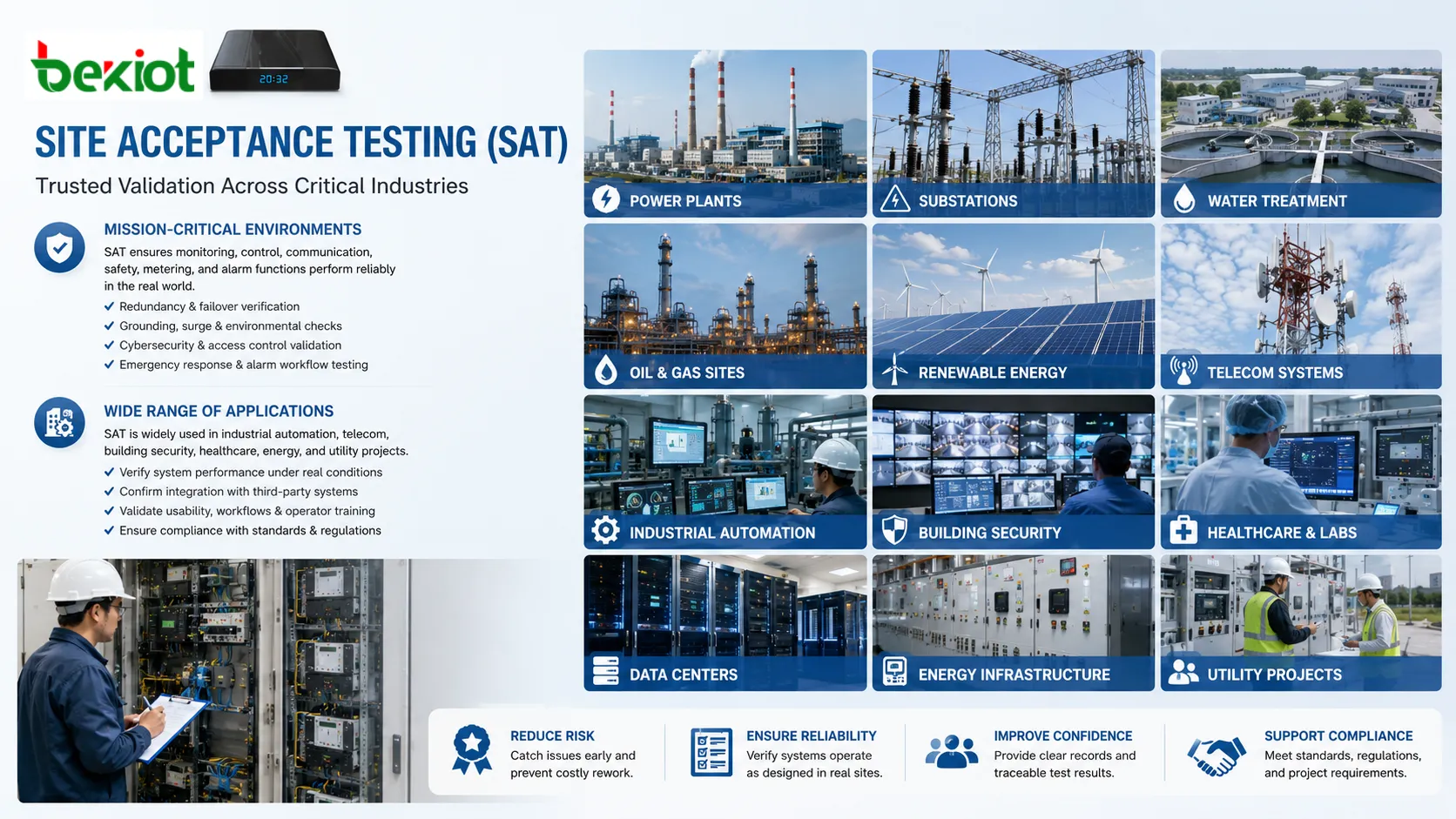 Site Acceptance Testing이 산업 자동화 통신 건물 보안 의료 에너지 유틸리티 프로젝트에 적용되는 모습