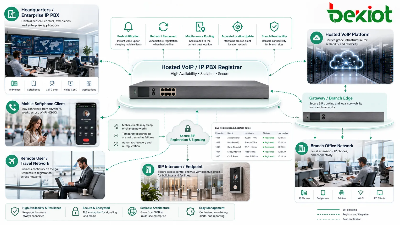 Registrar 서비스는 IP PBX, 호스팅 VoIP, 지점, 모바일 클라이언트, 게이트웨이, SIP 엔드포인트에서 사용됩니다.