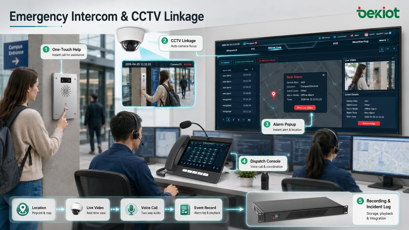 비상 인터컴 터미널 지원 시스템이 CCTV 카메라 GIS 지도 알람 팝업 및 디스패치 운영자 콘솔과 연동
