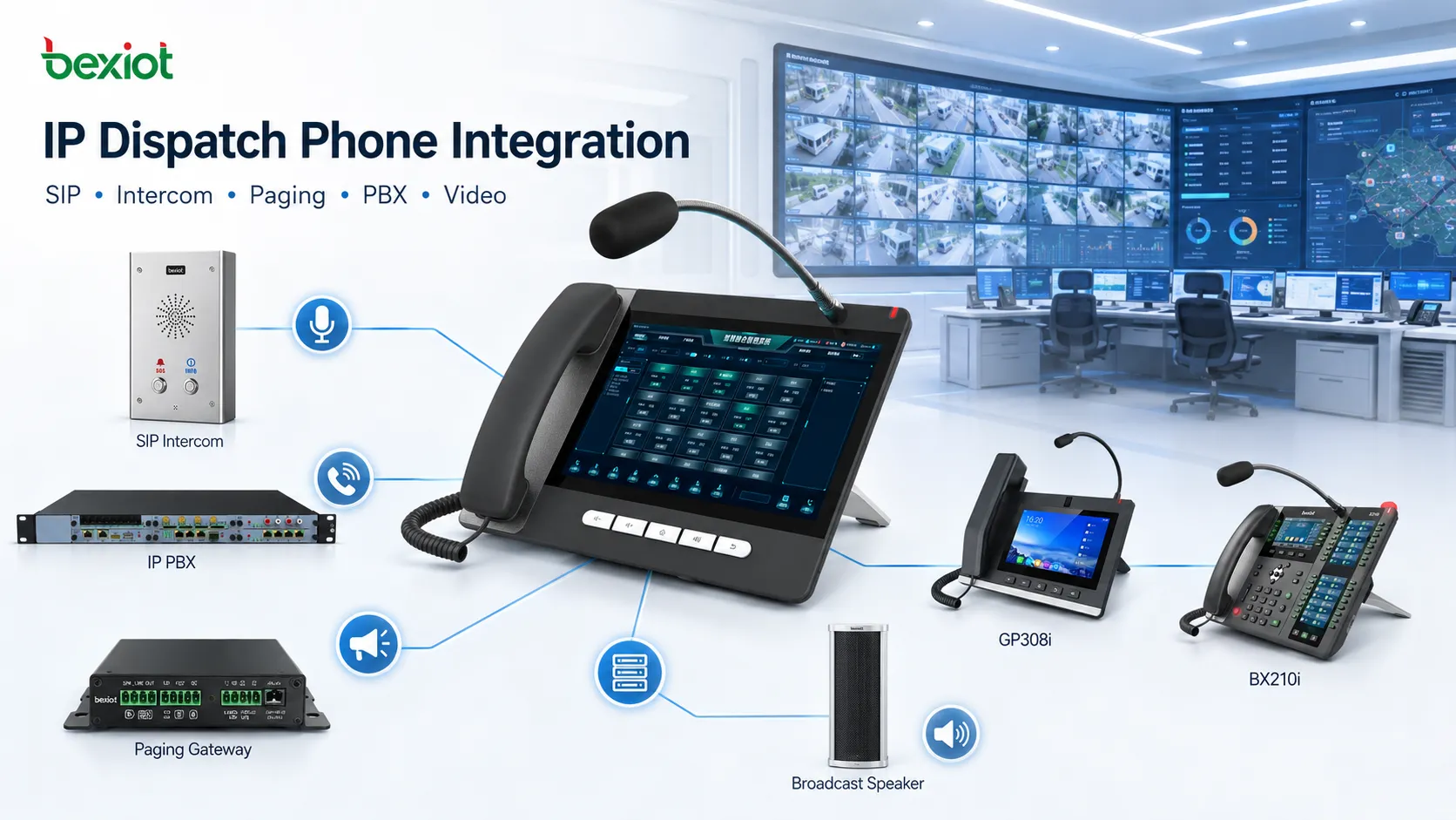 SIP 인터콤, IP PBX, 페이징 게이트웨이, 비디오 단말기 및 보안 제어실과 통합된 IP 디스패치 전화기