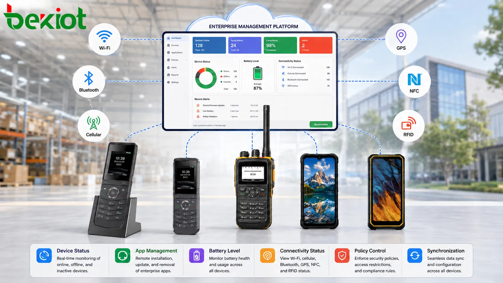 Wi-Fi, Bluetooth, 셀룰러, GPS, NFC, RFID, 기업 관리 플랫폼을 보여 주는 핸드헬드 기기 연결도