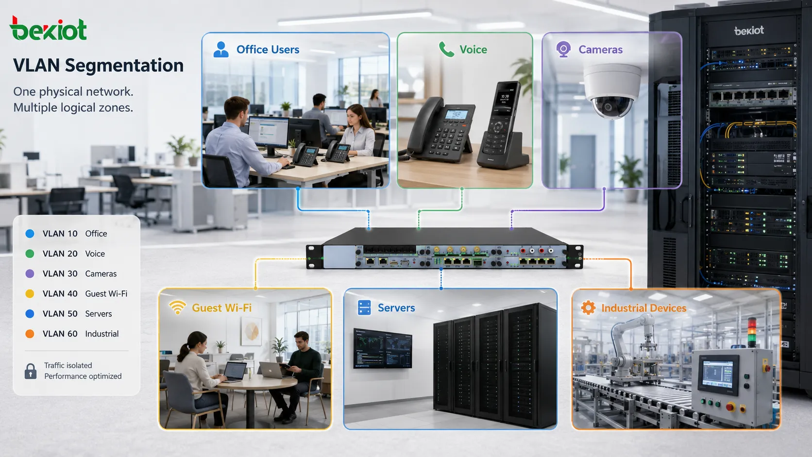 사무실 사용자 IP 전화 카메라 게스트 Wi-Fi 서버 산업 장치를 논리 네트워크 구역으로 분리한 VLAN 세분화 개념