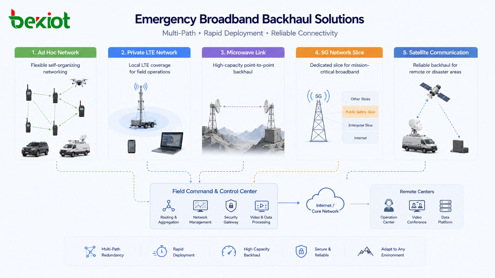 애드혹 네트워크, LTE 사설망, 마이크로파 링크, 5G 슬라이스, 위성 통신을 사용한 비상 광대역 백홀