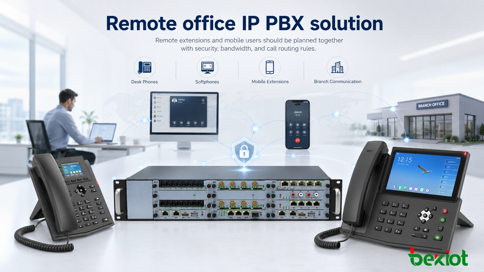 데스크폰, 소프트폰, 모바일 내선 및 지점 통신을 갖춘 원격 사무실 IP PBX 솔루션