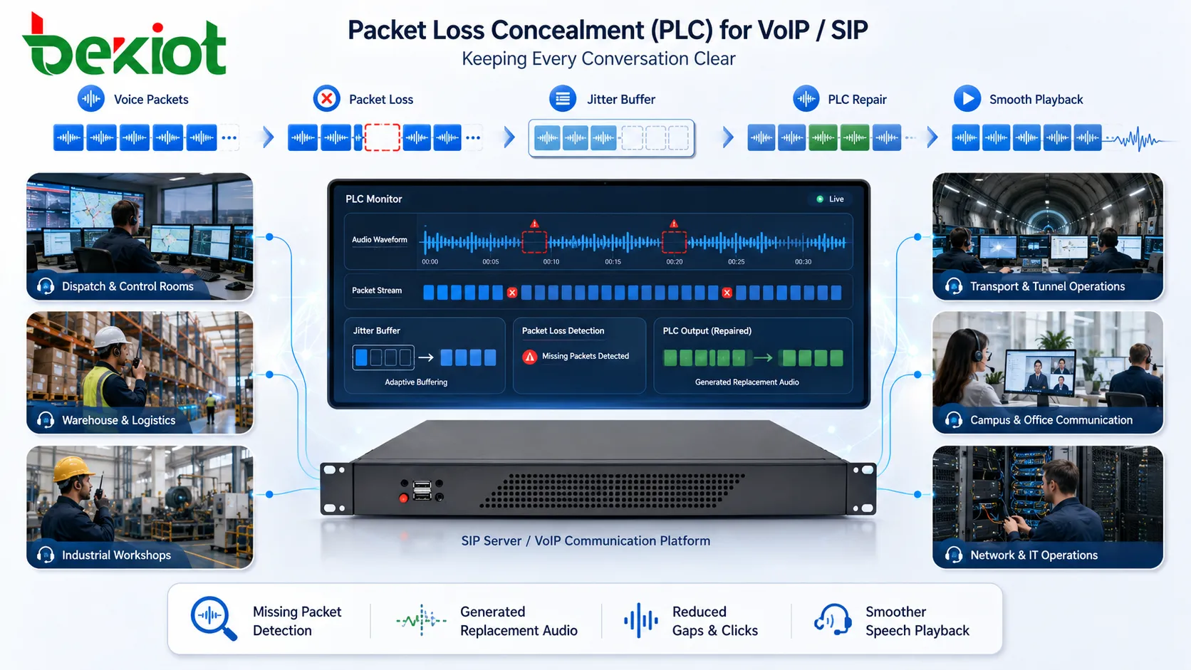 패킷 손실 보정 오디오 보정 예시로 VoIP 음성 패킷 누락 패킷 감지 생성된 대체 오디오 지터 버퍼 더 부드러운 음성 재생을 보여줌