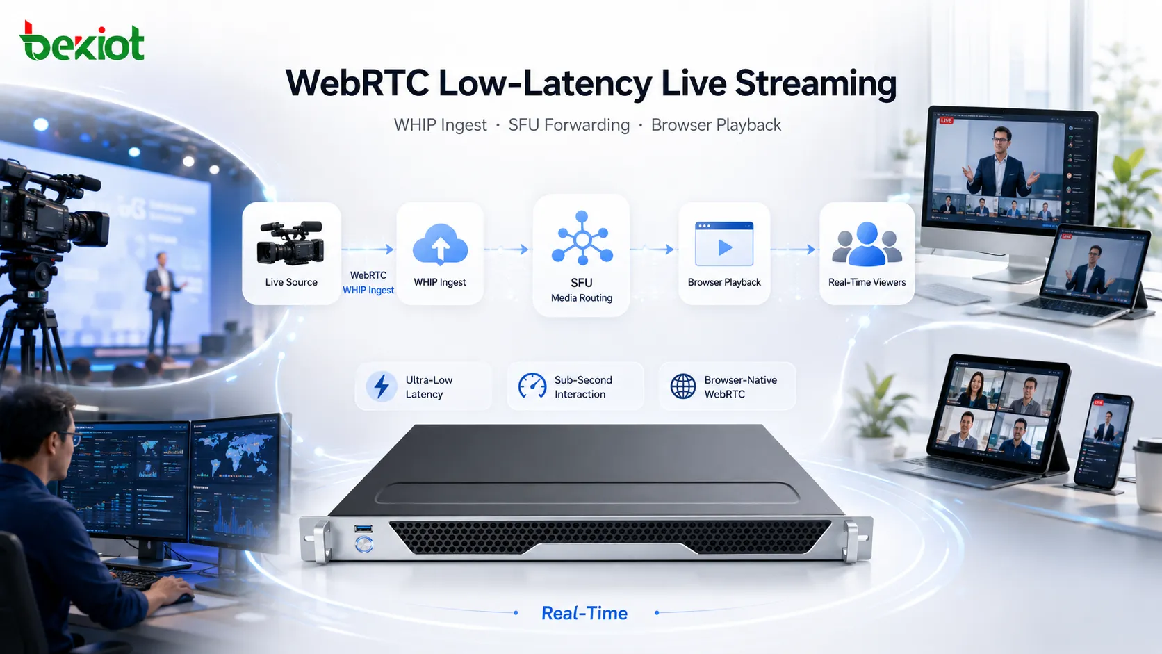 WHIP 인제스트, SFU 미디어 라우팅, 브라우저 재생을 포함한 WebRTC 저지연 라이브 스트리밍 아키텍처