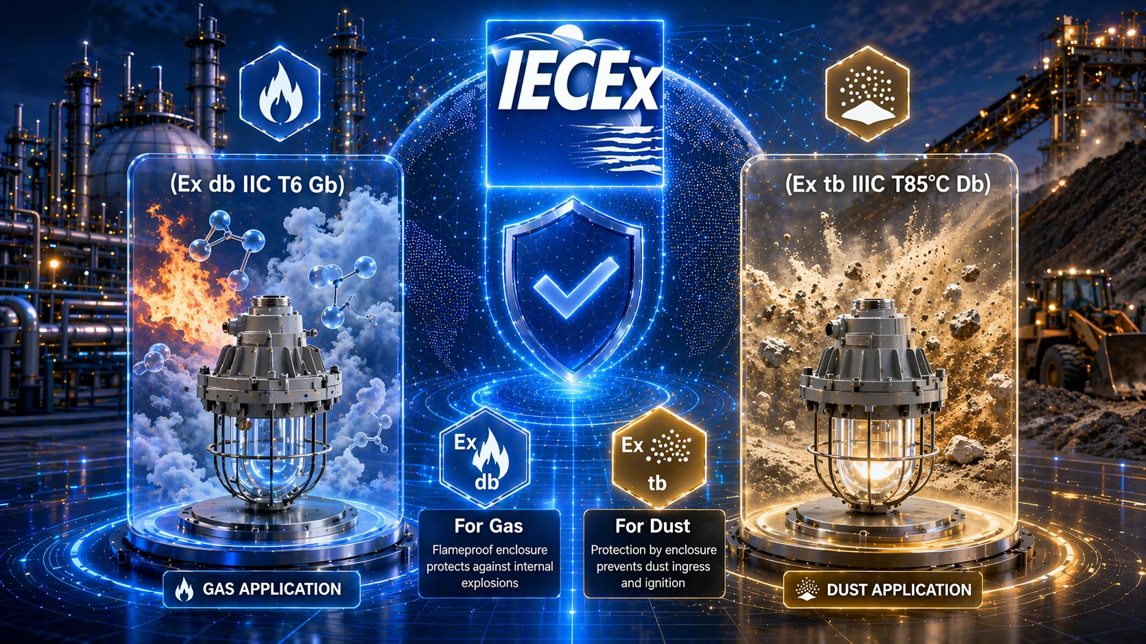 IEC 60079-0, 14, 17, 31과 위험 지역 구역 분류를 포함한 IECEx 표준 계층 구조를 보여주는 다이어그램