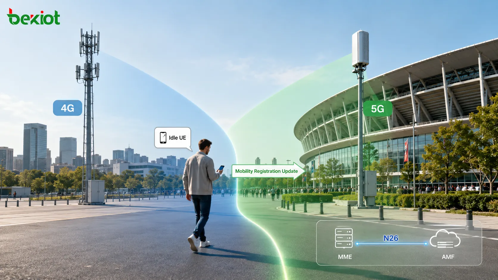 LTE eNodeB 커버리지에서 5G gNodeB 커버리지로 UE가 이동하는 MME-AMF N26 인터페이스와 이동성 등록 업데이트를 통한 4G에서 5G로의 유휴 이동성