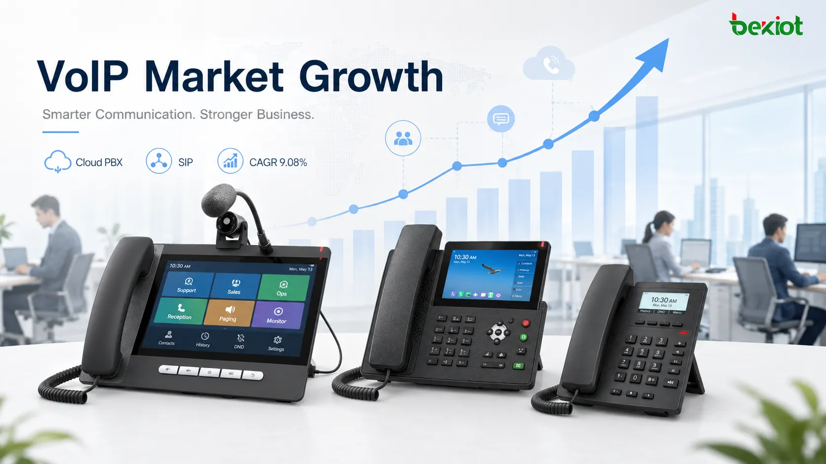 클라우드 전화, SIP 트렁킹, 호스팅 PBX, 모바일 사용자와 기업 통신 플랫폼을 보여 주는 VoIP 전화기 시장 성장