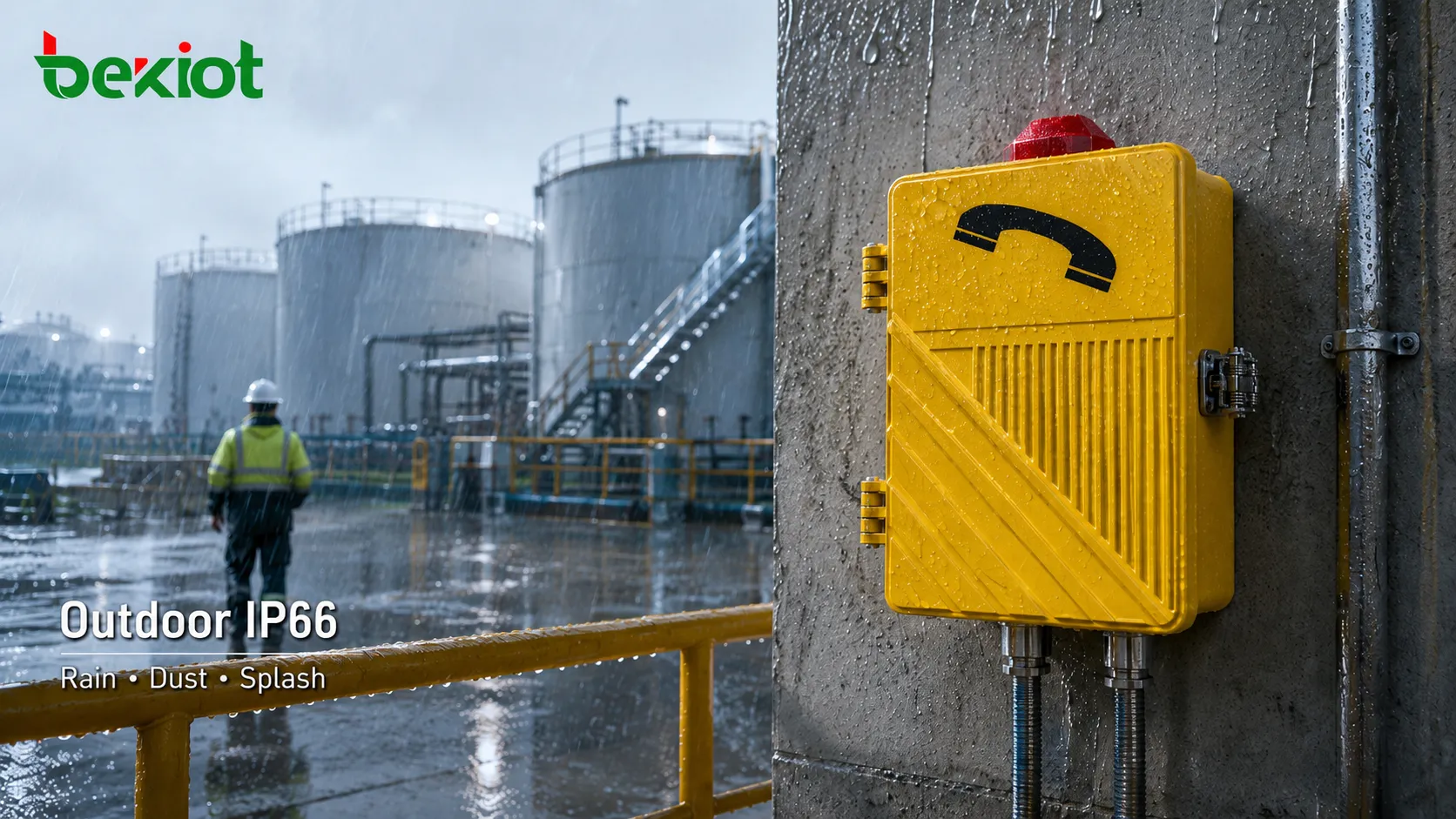 IP66 outdoor industrial telephone protection showing rain wind dust tank farm tunnel entrance port loading yard and rugged explosion-proof communication device