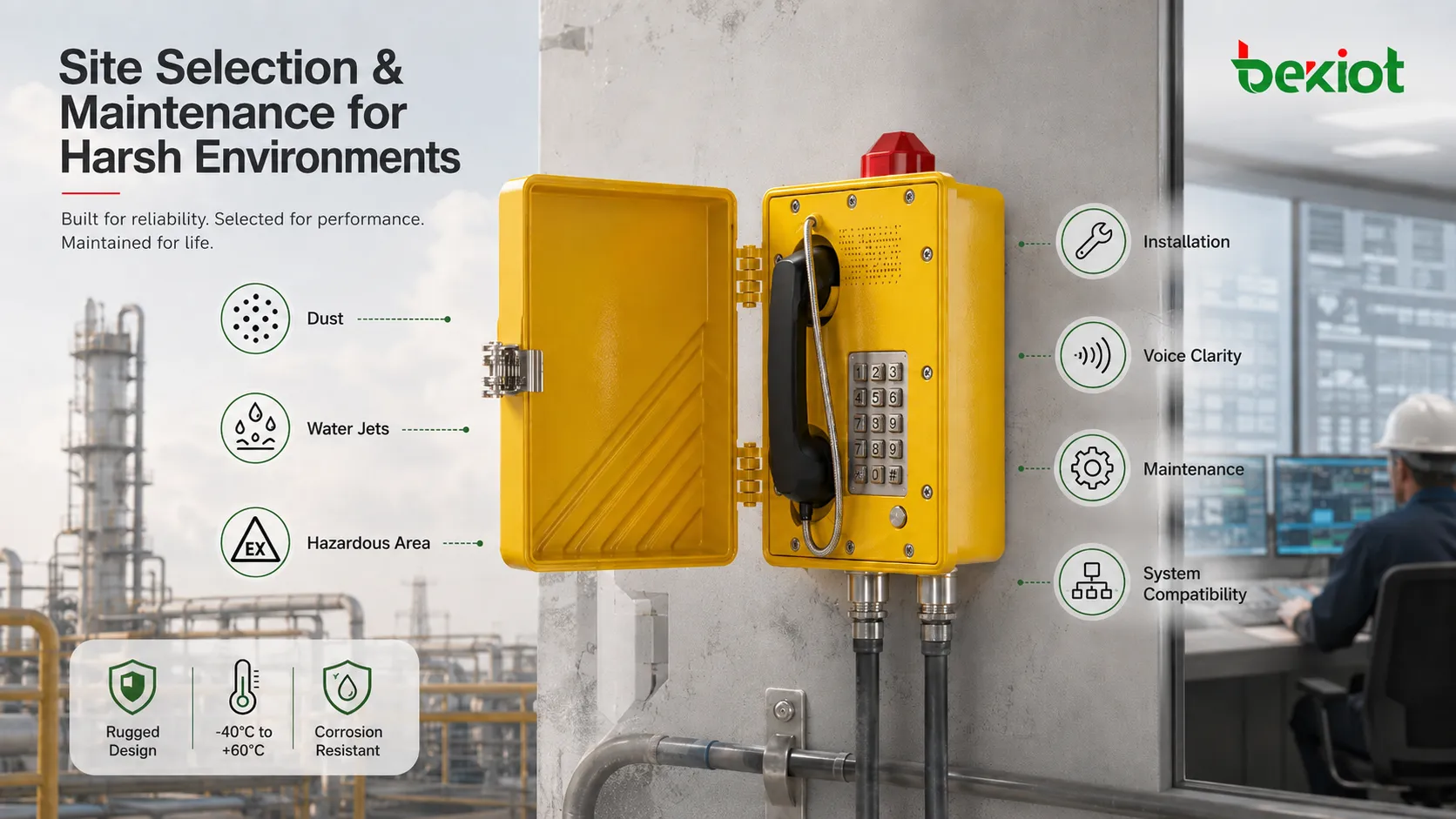 IP66 protection selection for harsh sites showing dust level water jets outdoor exposure hazardous area explosion-proof telephone cable gland maintenance inspection and communication platform