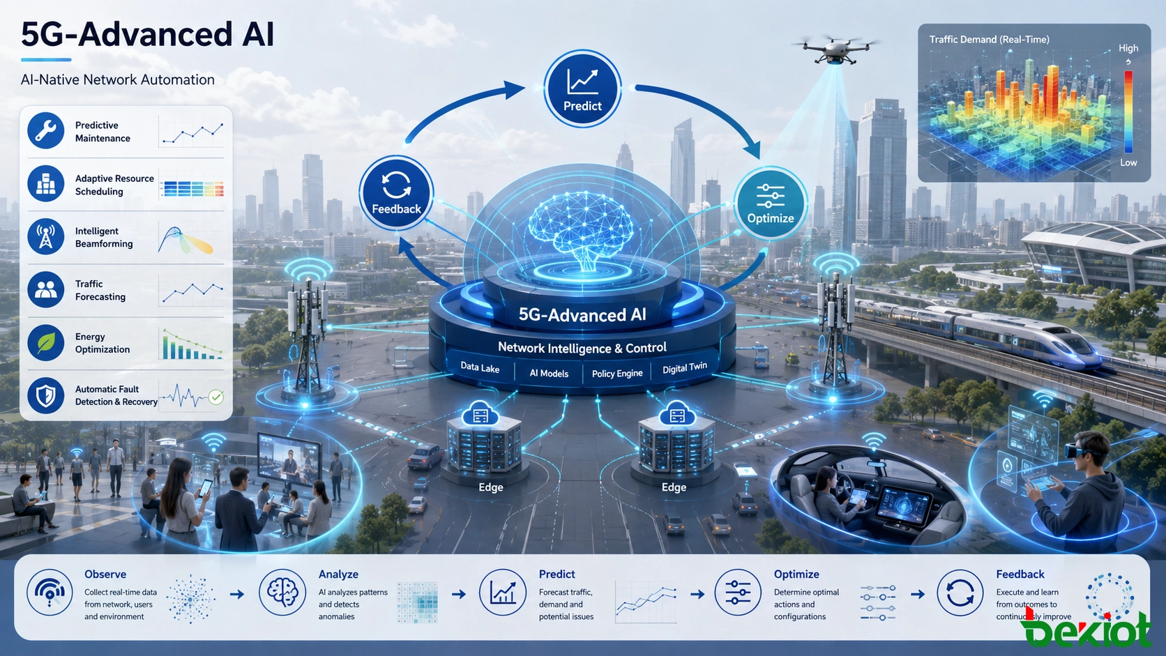 5G-Advanced AI 폐쇄 루프 네트워크 자동화 - 예측, 리소스 스케줄링, 빔포밍 및 에너지 최적화