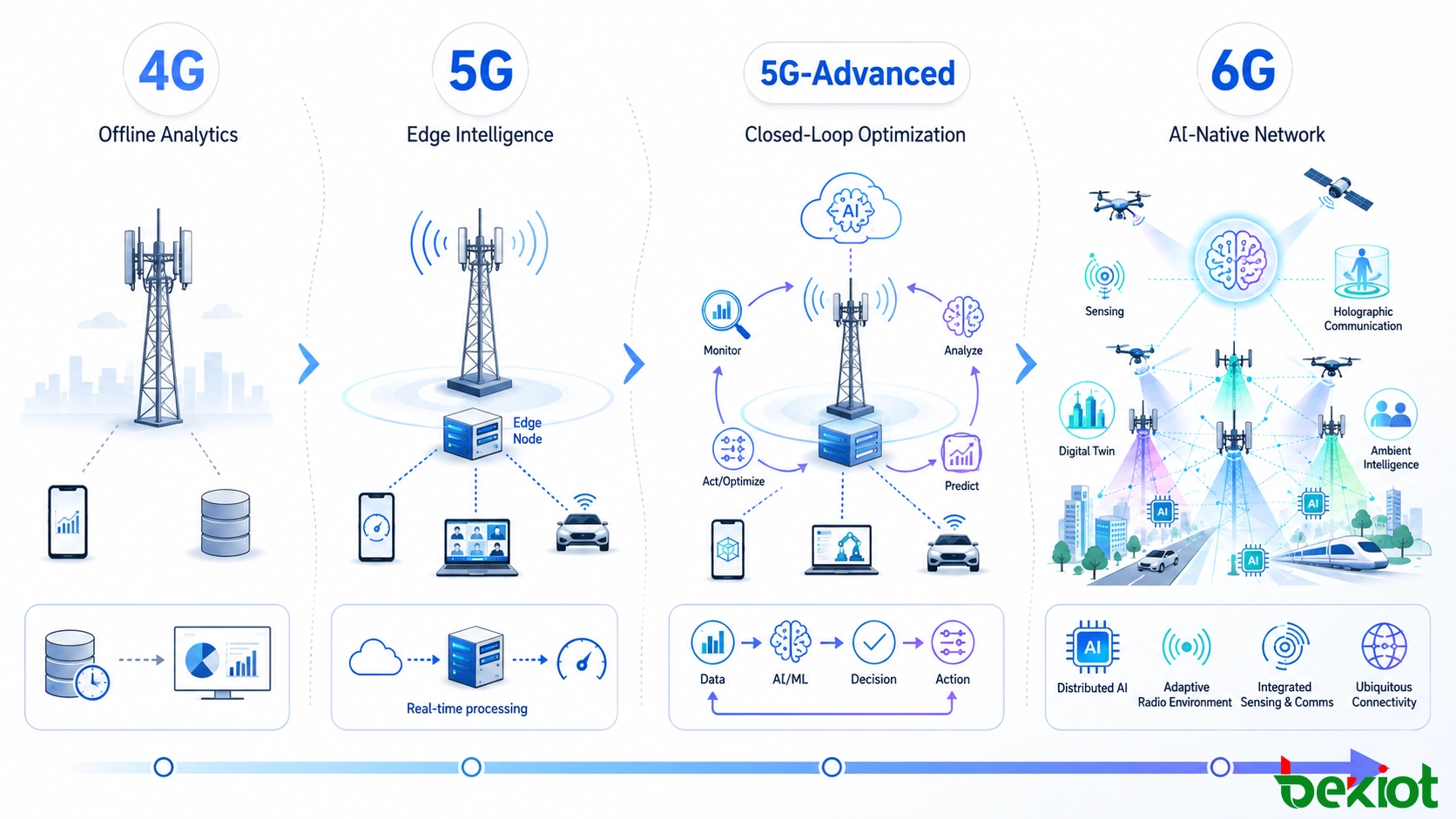 모바일 네트워크에서 AI의 진화: 오프라인 4G 분석에서 5G 에지 인텔리전스, 5G-Advanced 폐쇄 루프 최적화, 미래 AI-네이티브 6G까지
