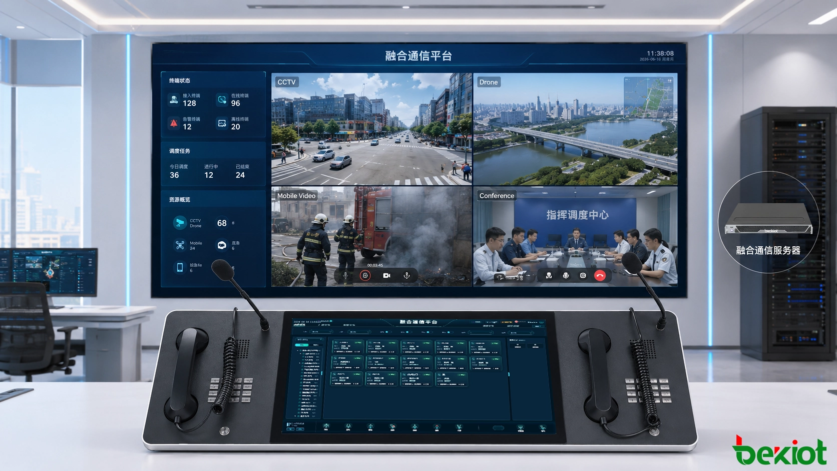 프로토콜 및 미디어 정규화 후 CCTV, 드론, 화상 회의 및 모바일 비디오 스트림을 표시하는 통합 지휘 센터