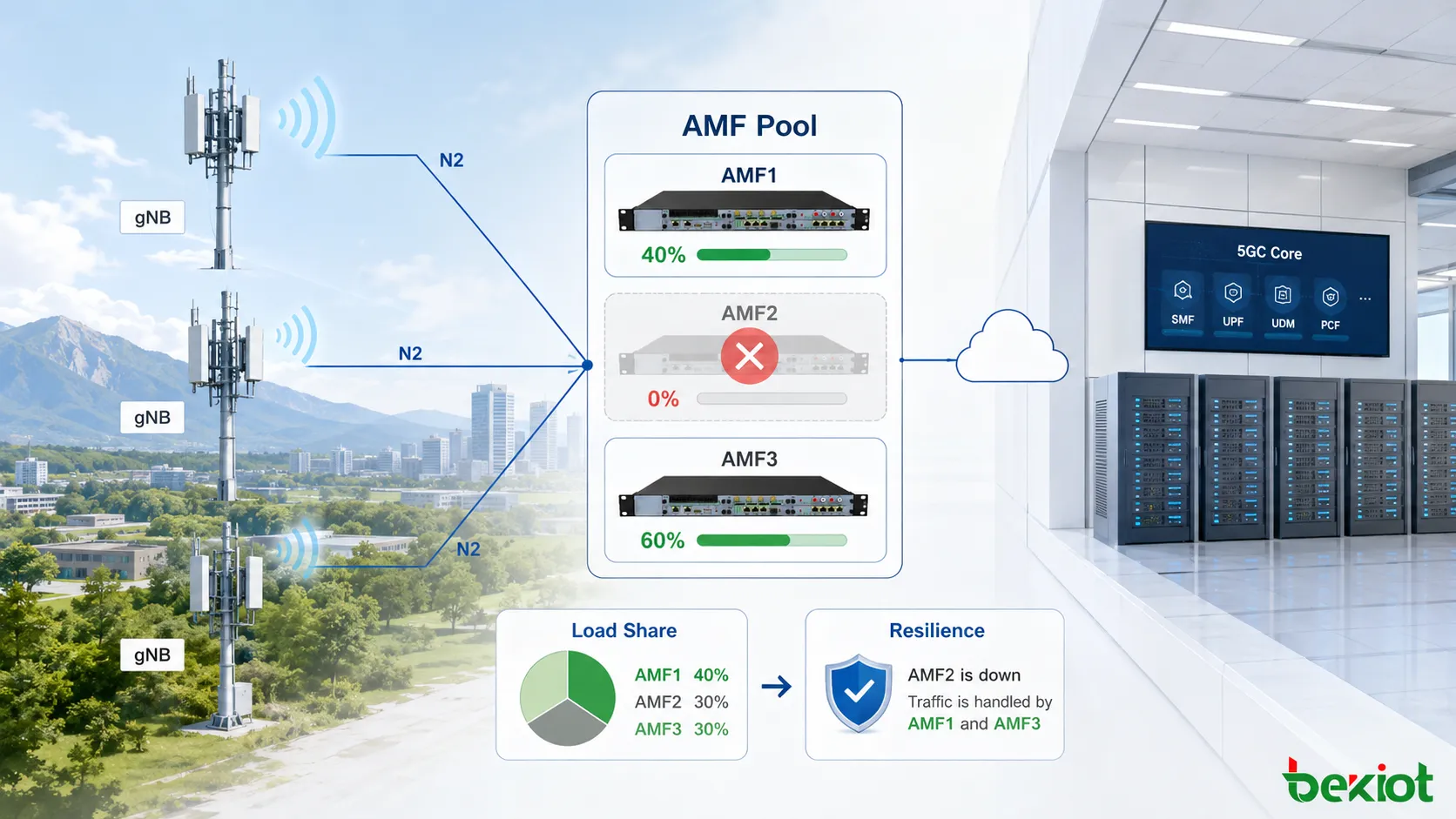 MCC, MNC, AMF Region ID, AMF Set ID, AMF Pointer가 함께 5G Core의 AMF 인스턴스를 식별하는 GUAMI 계층 구조