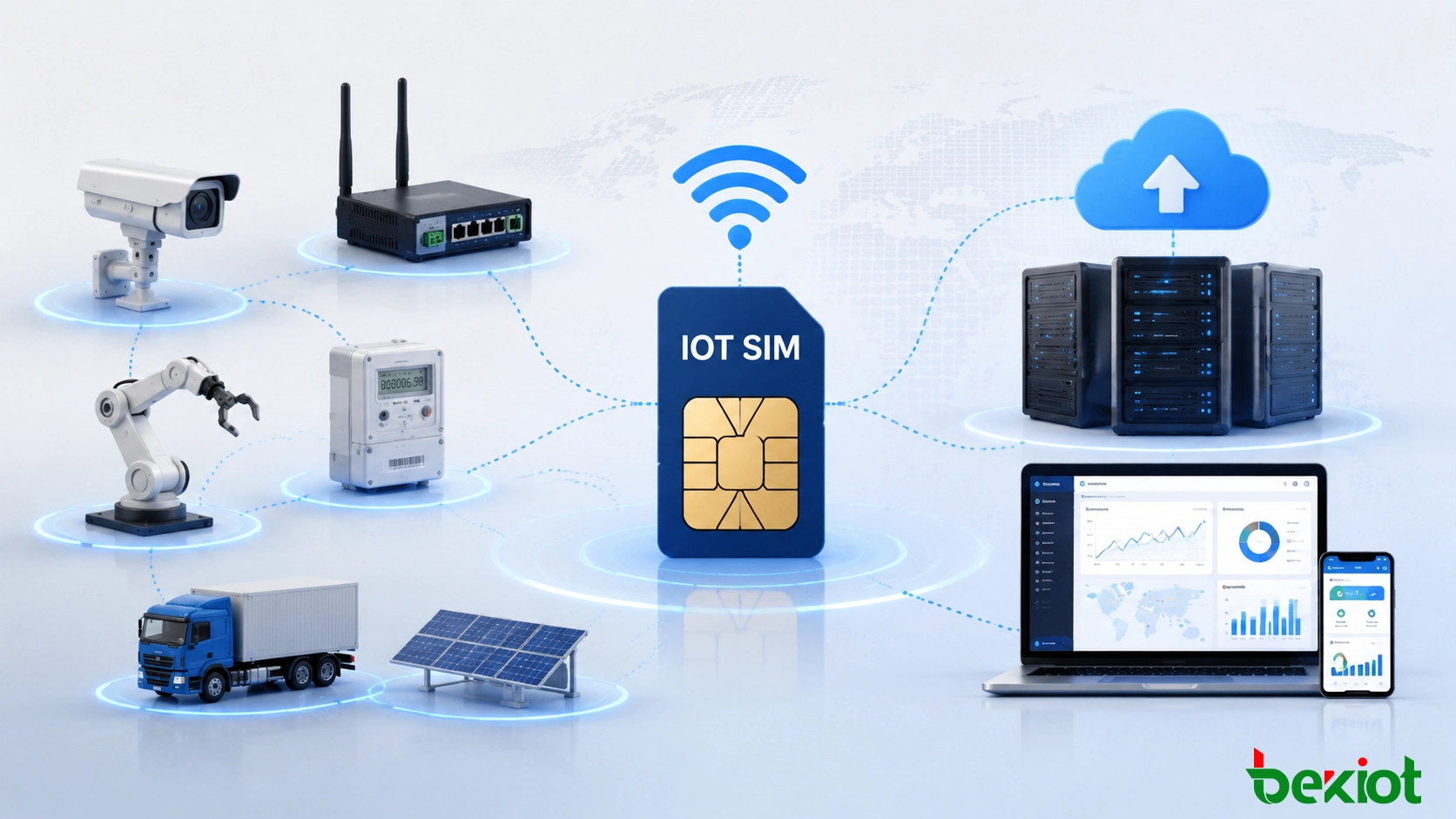 IoT SIM 카드가 셀룰러 네트워크를 통해 산업 장비와 원격 단말기를 연결하는 구성