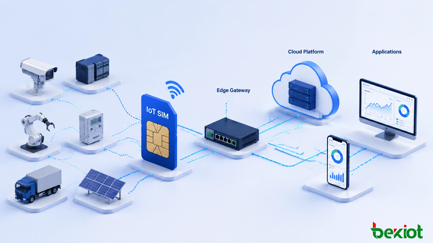 IoT SIM 셀룰러 네트워크를 통해 산업 장비를 엣지 플랫폼, 클라우드 플랫폼 및 비즈니스 애플리케이션과 연결하는 기업용 IoT 연결 아키텍처