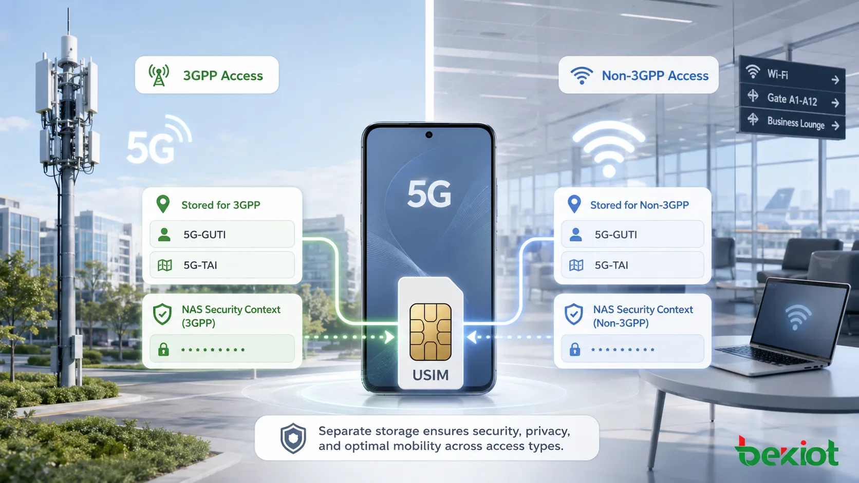 5G USIM이 3GPP 액세스와 비3GPP 액세스에 대해 별도의 위치 정보와 NAS 보안 컨텍스트를 저장하는 모습
